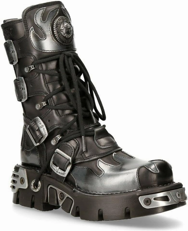 New Rock Boots 591 Flame Metallic Leather Women's Goth Punk Biker Fashion
