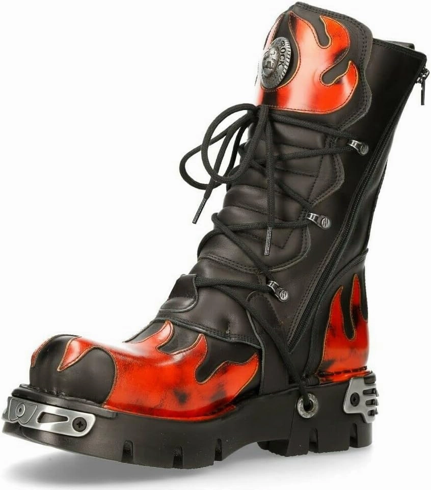 New Rock Boots 591 Flame Metallic Leather Women's Goth Punk Biker Fashion
