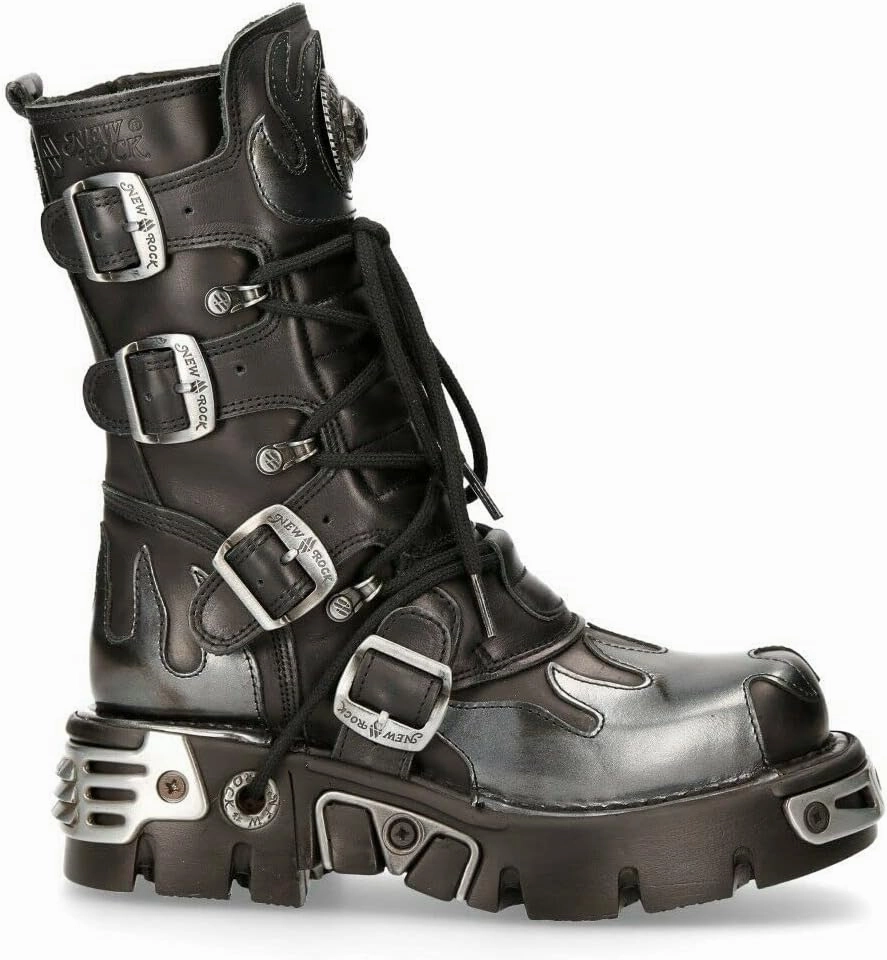 New Rock Boots 591 Flame Metallic Leather Women's Goth Punk Biker Fashion