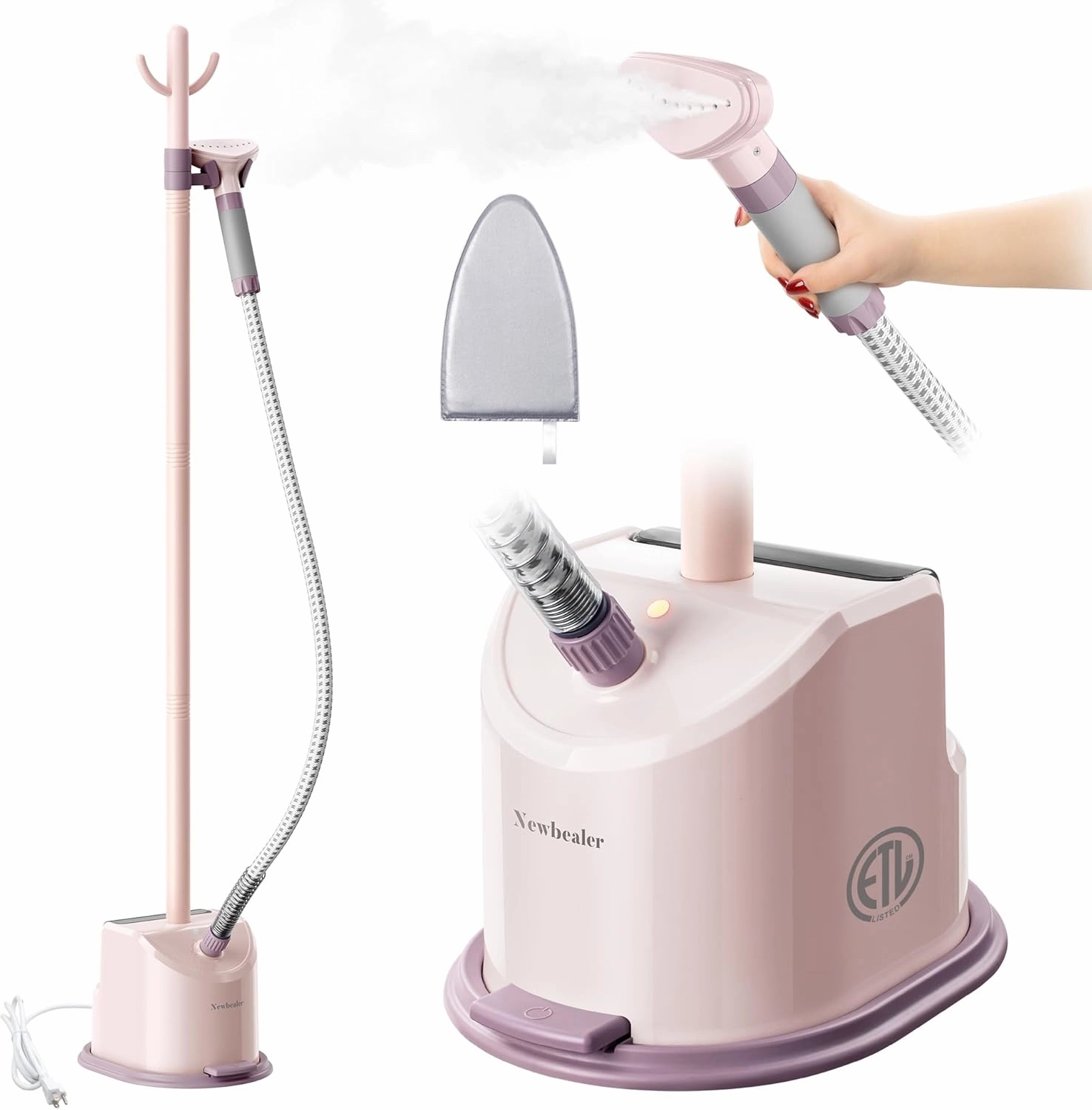 Newbealer Standing Garment Steamer - 1500W Full-Size Vertical Clothes Steamer with Foot Pedal, 57.5oz (1.7L) Large Water Tank, 45s Fast Heat-Up, 50-Min Powerful Steaming, Auto-Off (Pink)