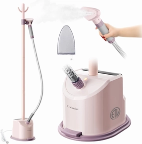 Newbealer Standing Garment Steamer - 1500W Full-Size Vertical Clothes Steamer with Foot Pedal, 57.5oz (1.7L) Large Water Tank, 45s Fast Heat-Up, 50-Min Powerful Steaming, Auto-Off (Pink)