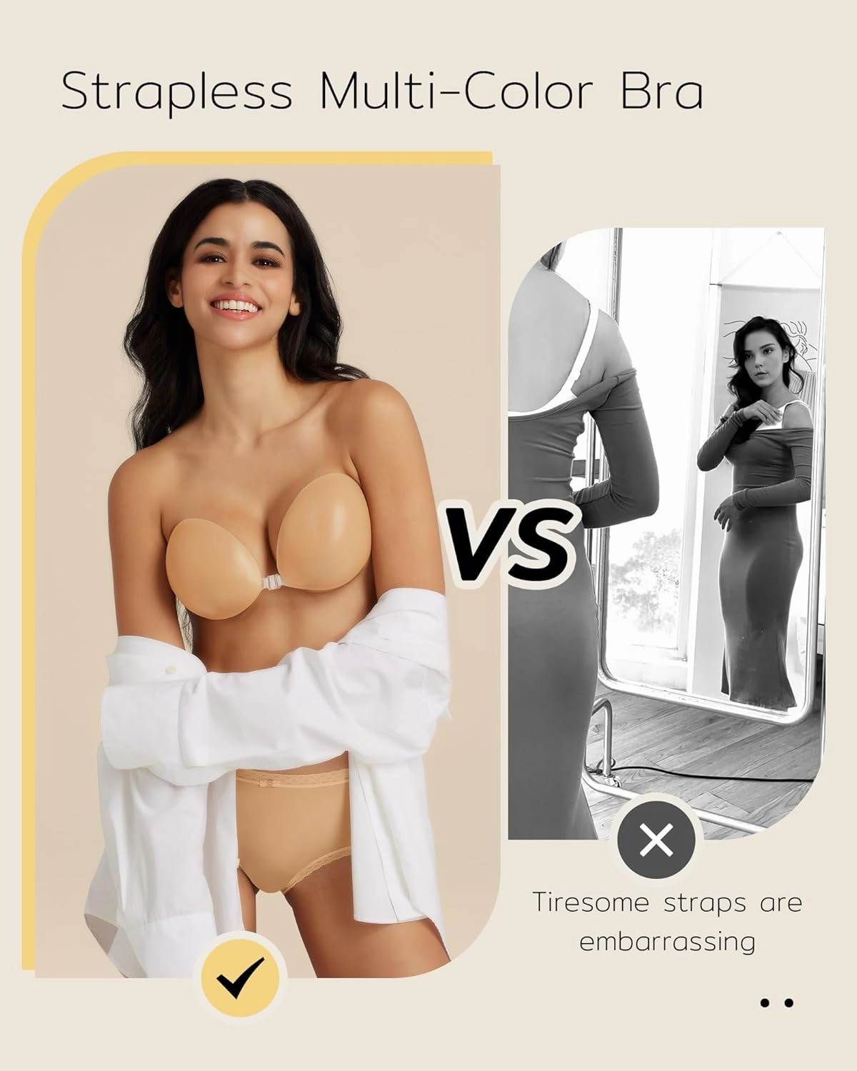 Niidor Adhesive Bra Strapless Sticky Invisible Push up Silicone Bra for Backless Dress with Nipple Covers