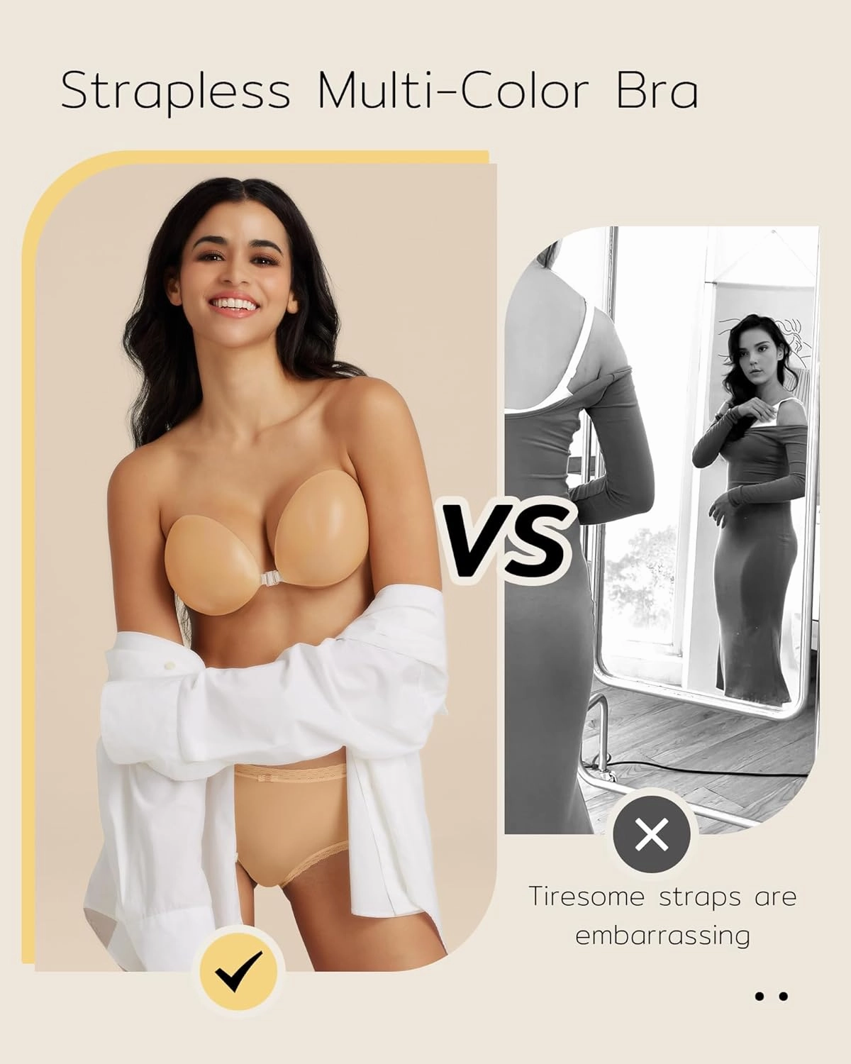 Niidor Adhesive Bra Strapless Sticky Invisible Push up Silicone Bra for Backless Dress with Nipple Covers