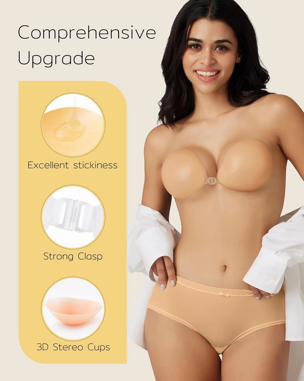 Niidor Adhesive Bra Strapless Sticky Invisible Push up Silicone Bra for Backless Dress with Nipple Covers