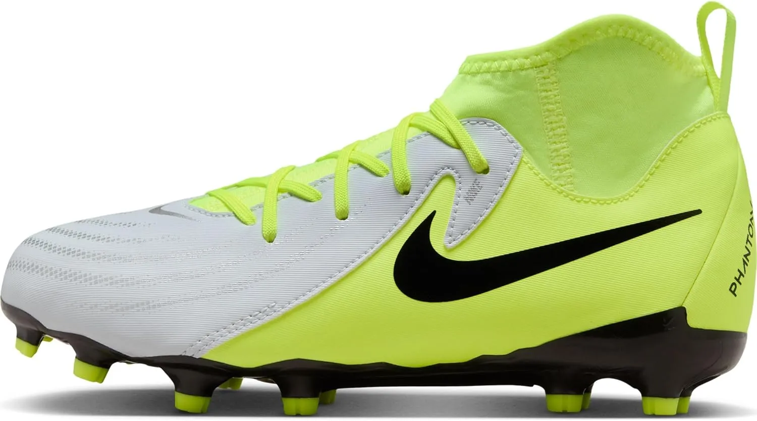 Nike Jr. Phantom Luna 2 Academy Little/Big Kids' MG Soccer Cleats (FJ2603-003, Metallic Silver/Volt/Black) Size 5.5