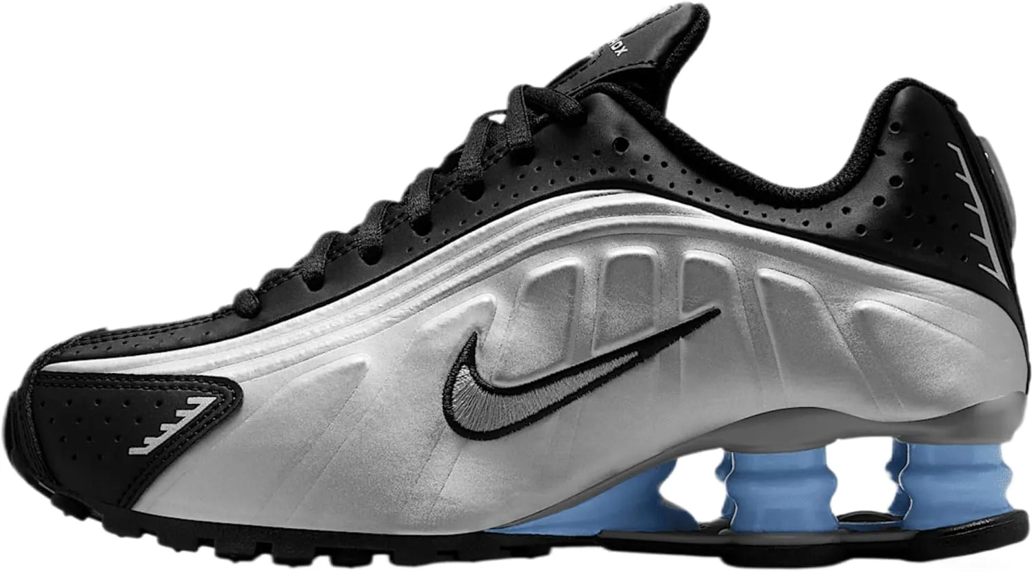 Nike Shox R4 Big Kids' Shoes (CW2626-004, Metallic Silver/Black/Psychic Blue/Metallic Silver)