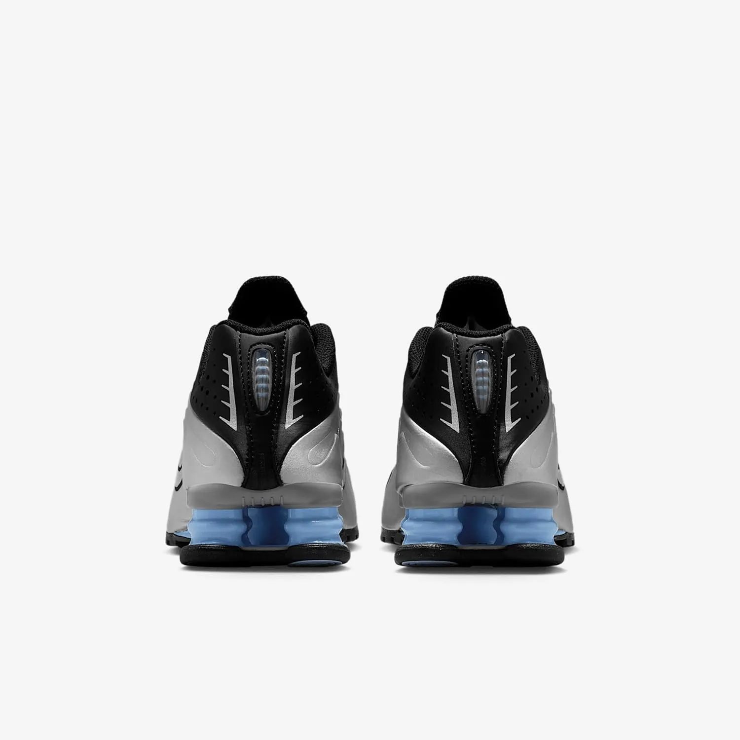 Nike Shox R4 Big Kids' Shoes (CW2626-004, Metallic Silver/Black/Psychic Blue/Metallic Silver)