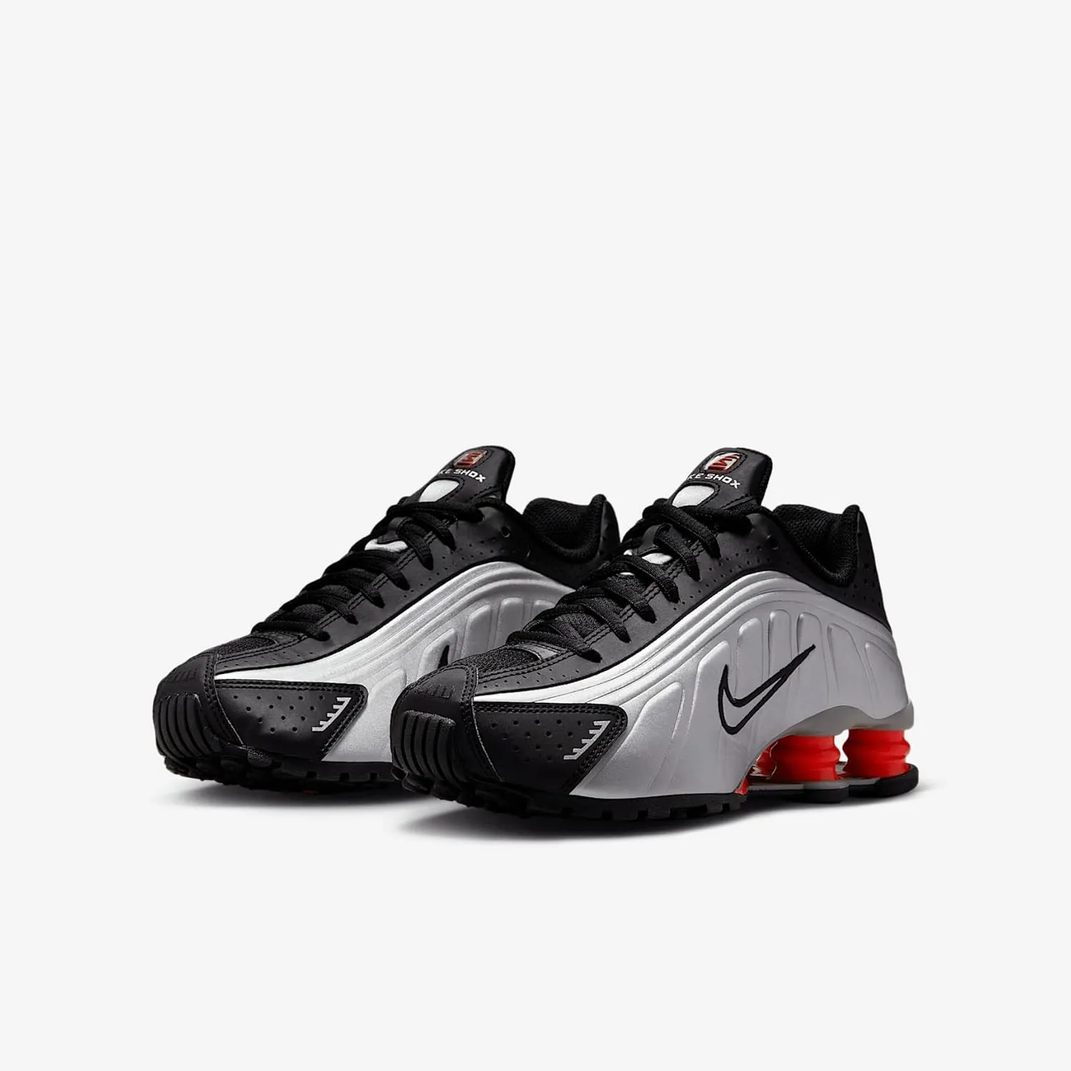 Nike Shox R4 Big Kids' Shoes (CW2626-005, Metallic Silver/Black/Picante Red/Metallic Silver)