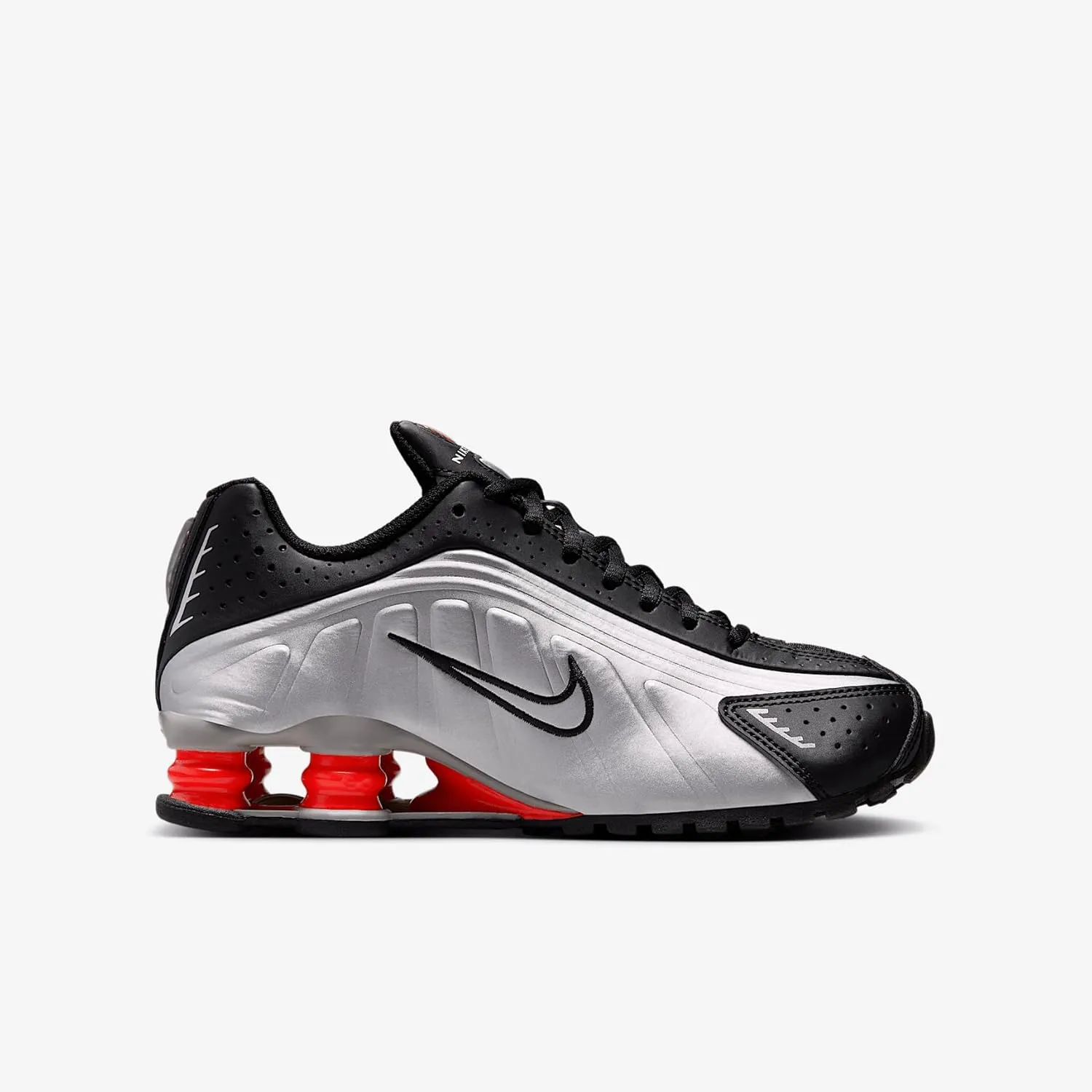 Nike Shox R4 Big Kids' Shoes (CW2626-005, Metallic Silver/Black/Picante Red/Metallic Silver)