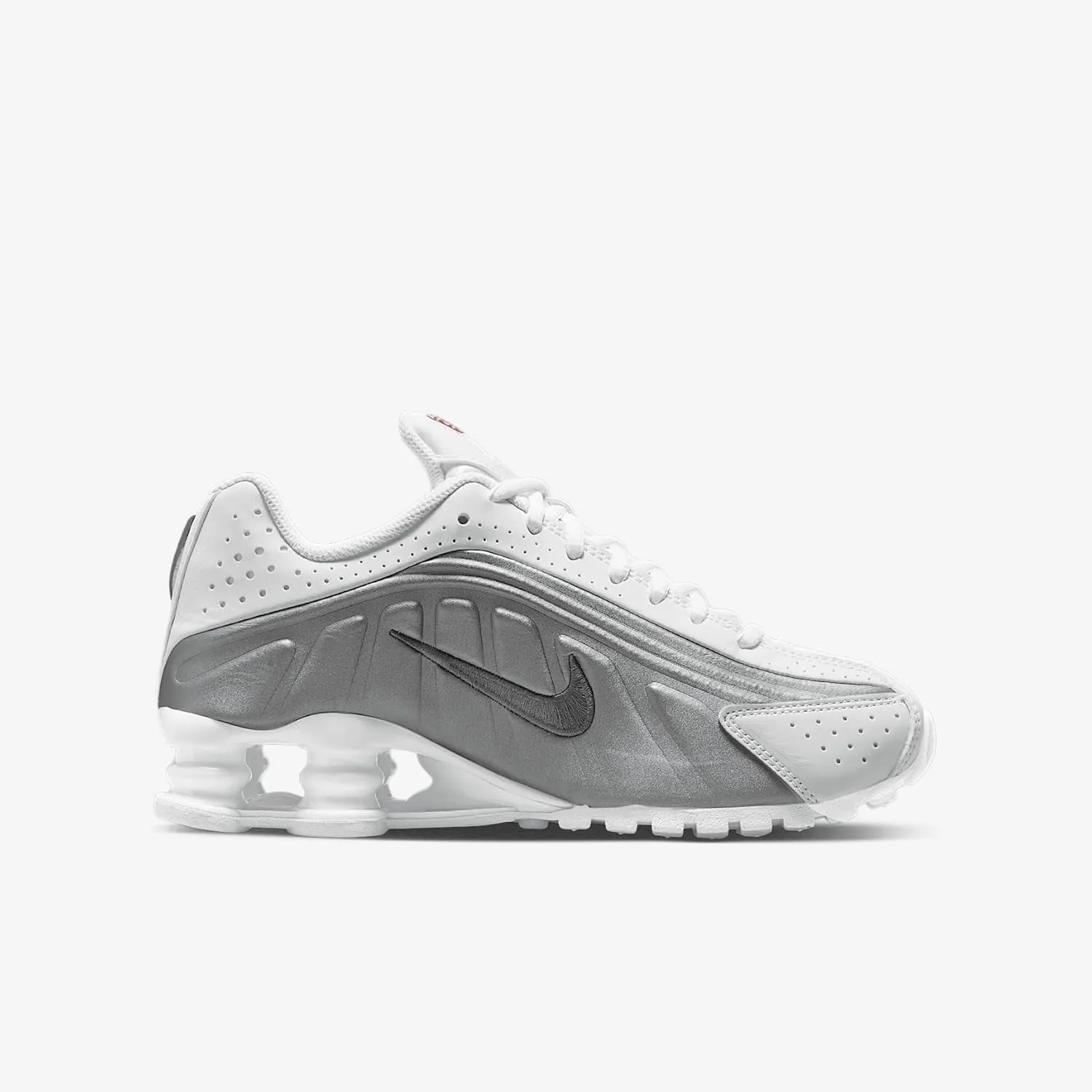 Nike Shox R4 Big Kids' Shoes (CW2626-101, White/White/Bright Crimson/Metallic Silver)