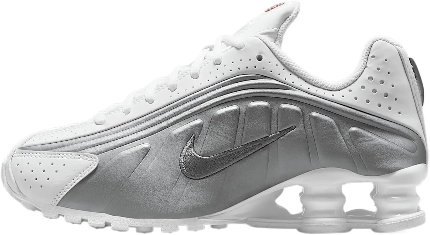 Nike Shox R4 Big Kids' Shoes (CW2626-101, White/White/Bright Crimson/Metallic Silver)