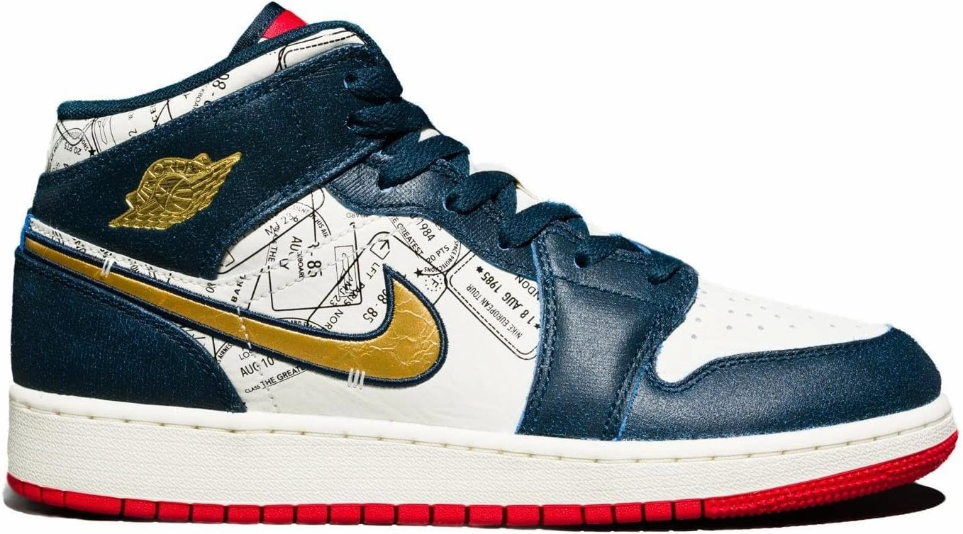 NIKE Air Jordan 1 Mid SE Big Kids' Shoes (FN1353-400, Armory Navy/Pale Ivory/Sport RED/Metallic Gold) Size 4.5
