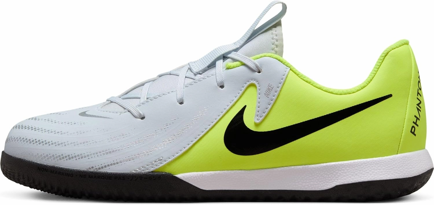 Nike Jr. Phantom GX 2 Academy Little/Big Kids' IC Soccer Shoes (FJ2609-003, Metallic Silver/Volt/Black)