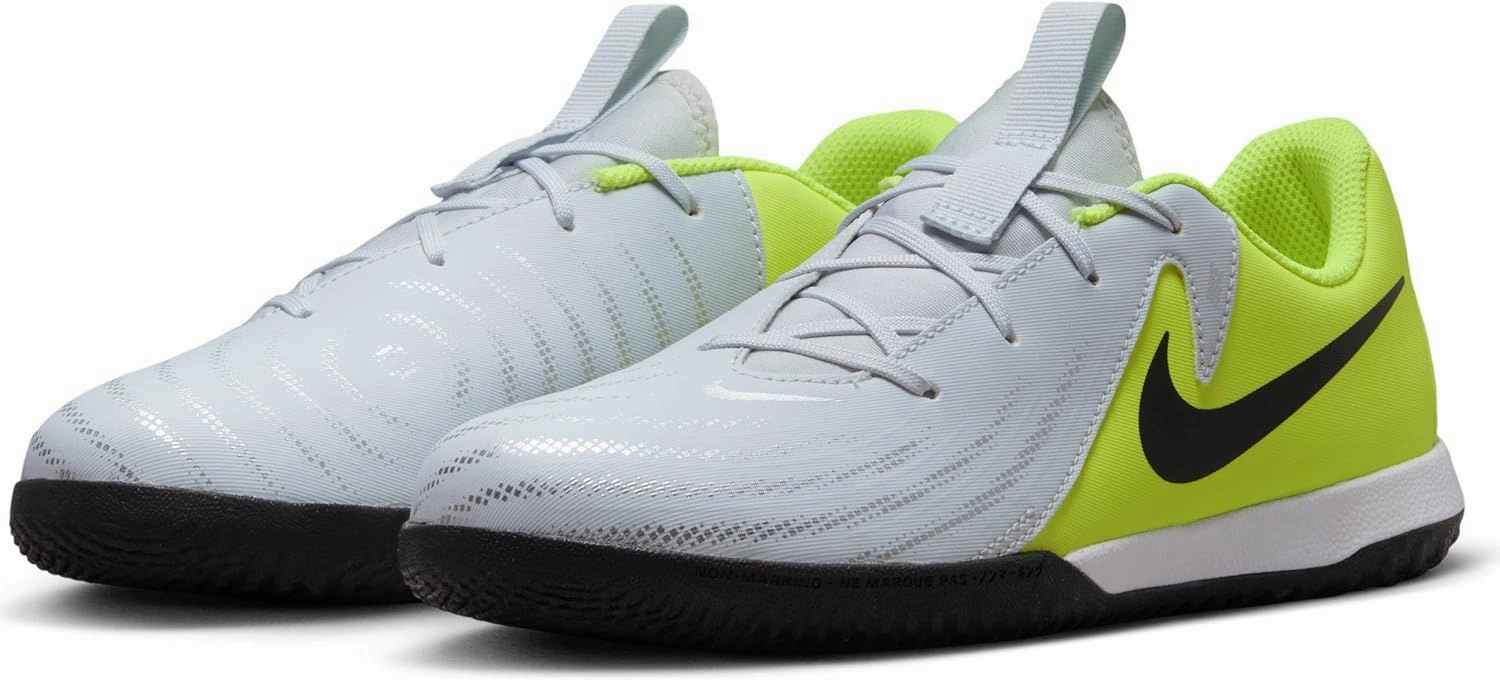 Nike Jr. Phantom GX 2 Academy Little/Big Kids' IC Soccer Shoes (FJ2609-003, Metallic Silver/Volt/Black)