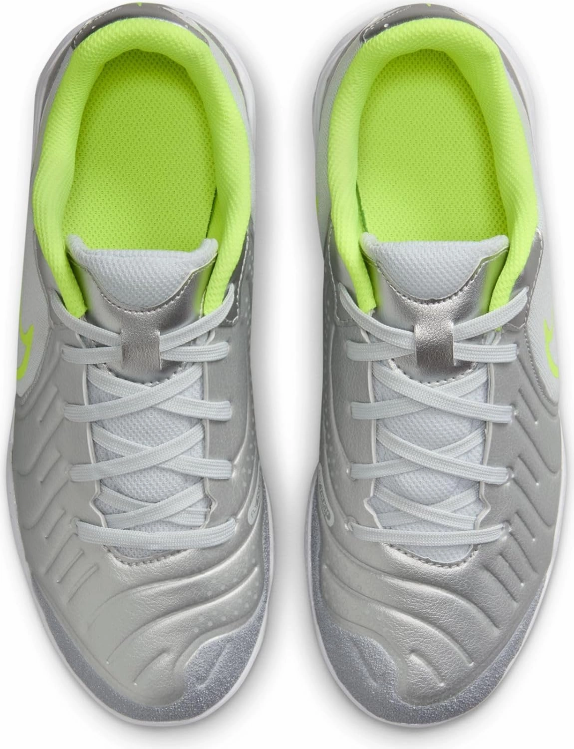 Nike Jr. Tiempo Legend 10 Academy Little/Big Kids' Indoor/Court Low-Top Soccer Shoes (DV4350-001, Metallic Silver/Volt/Black)