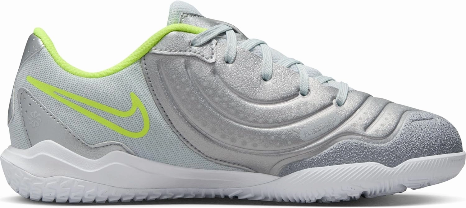 Nike Jr. Tiempo Legend 10 Academy Little/Big Kids' Indoor/Court Low-Top Soccer Shoes (DV4350-001, Metallic Silver/Volt/Black)