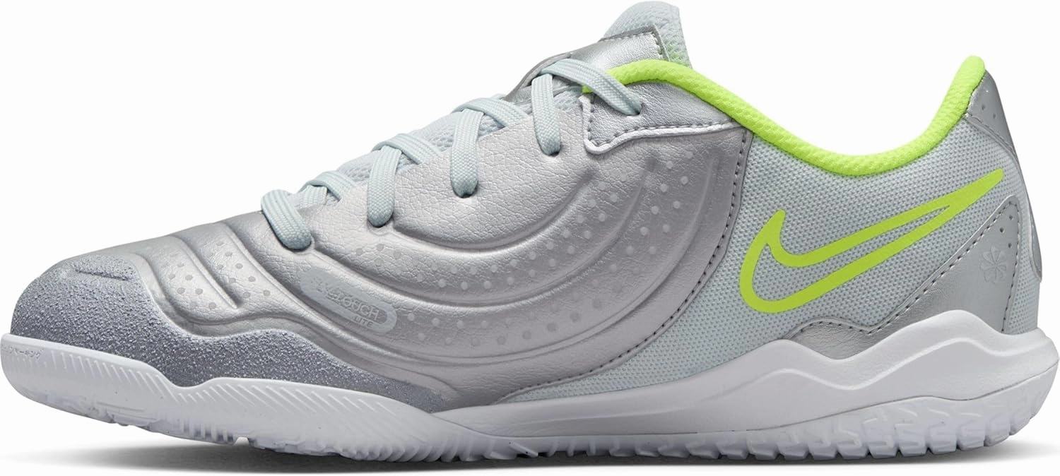 Nike Jr. Tiempo Legend 10 Academy Little/Big Kids' Indoor/Court Low-Top Soccer Shoes (DV4350-001, Metallic Silver/Volt/Black)
