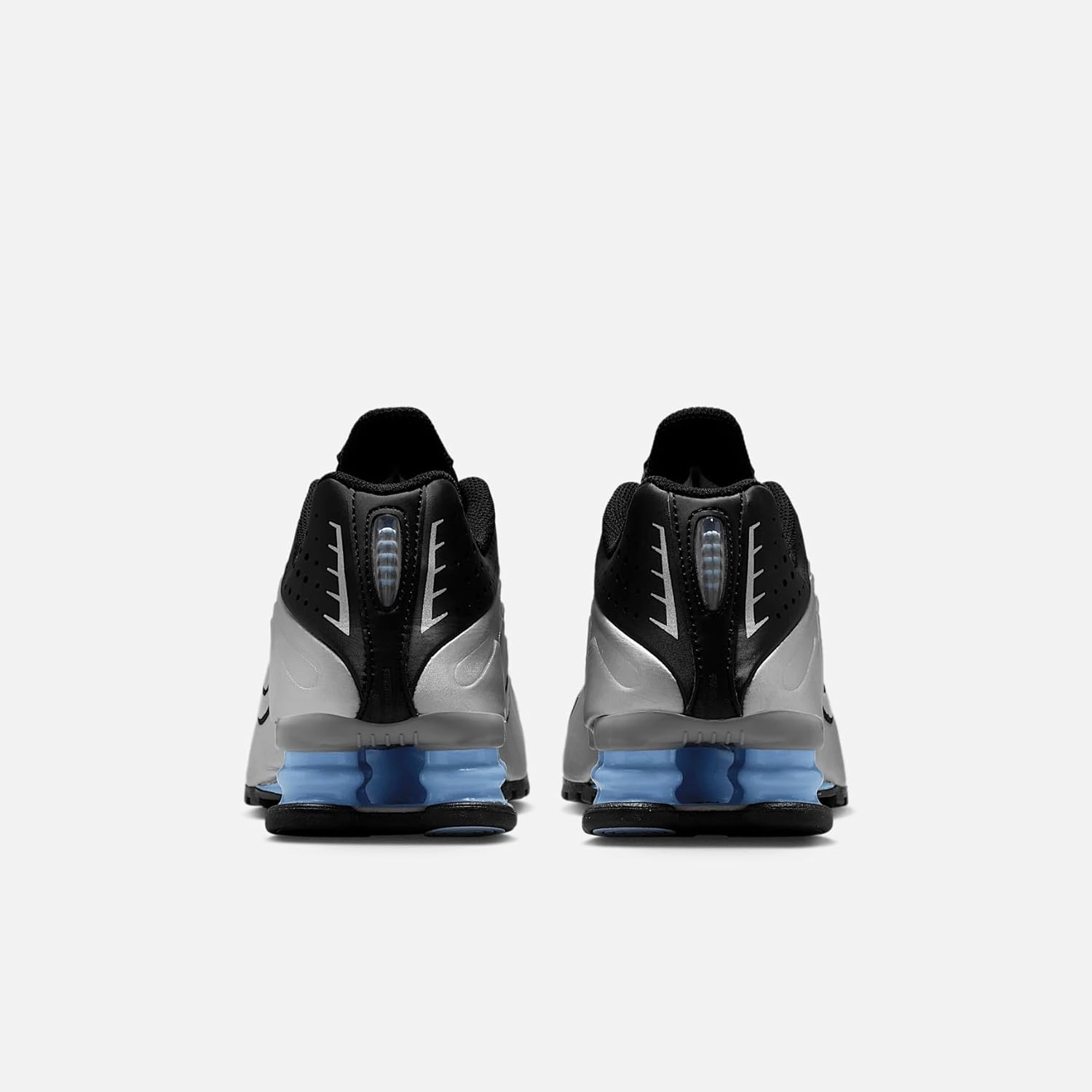 Nike Shox R4 Big Kids' Shoes (CW2626-004, Metallic Silver/Black/Psychic Blue/Metallic Silver)