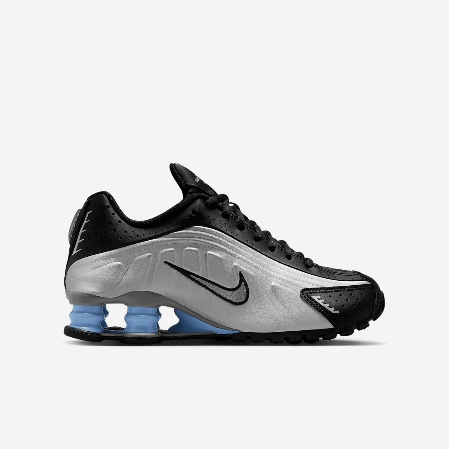 Nike Shox R4 Big Kids' Shoes (CW2626-004, Metallic Silver/Black/Psychic Blue/Metallic Silver)