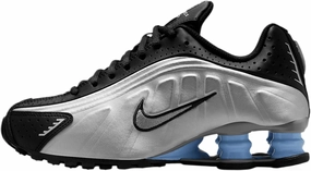 Nike Shox R4 Big Kids' Shoes (CW2626-004, Metallic Silver/Black/Psychic Blue/Metallic Silver)