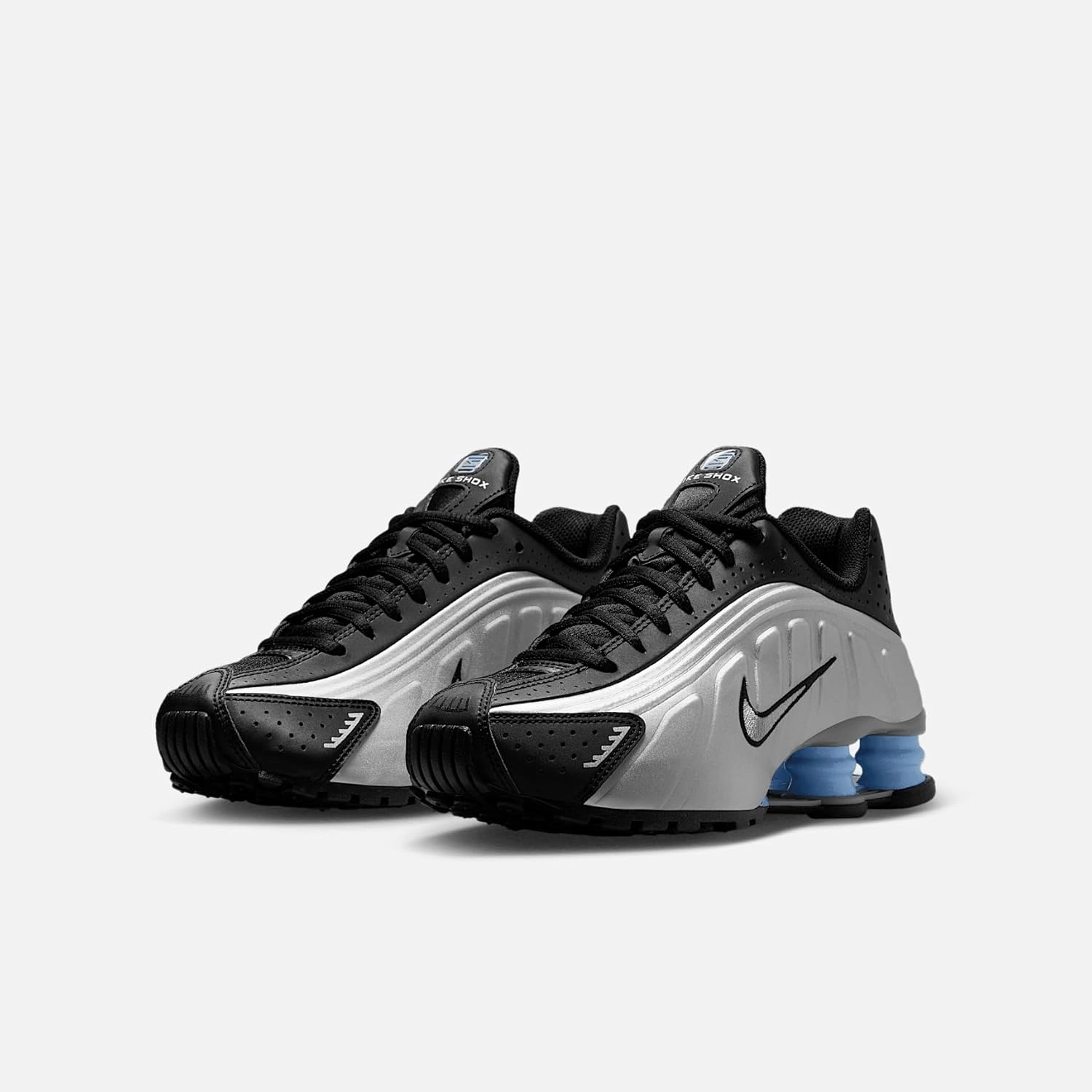 Nike Shox R4 Big Kids' Shoes (CW2626-004, Metallic Silver/Black/Psychic Blue/Metallic Silver)