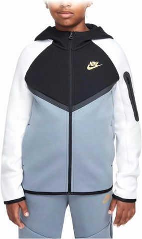 Nike Sportswear Tech Fleece Big Kids' Full-Zip Hoodie (HV5867-065, Cool Grey/Black/White/Metallic Gold)