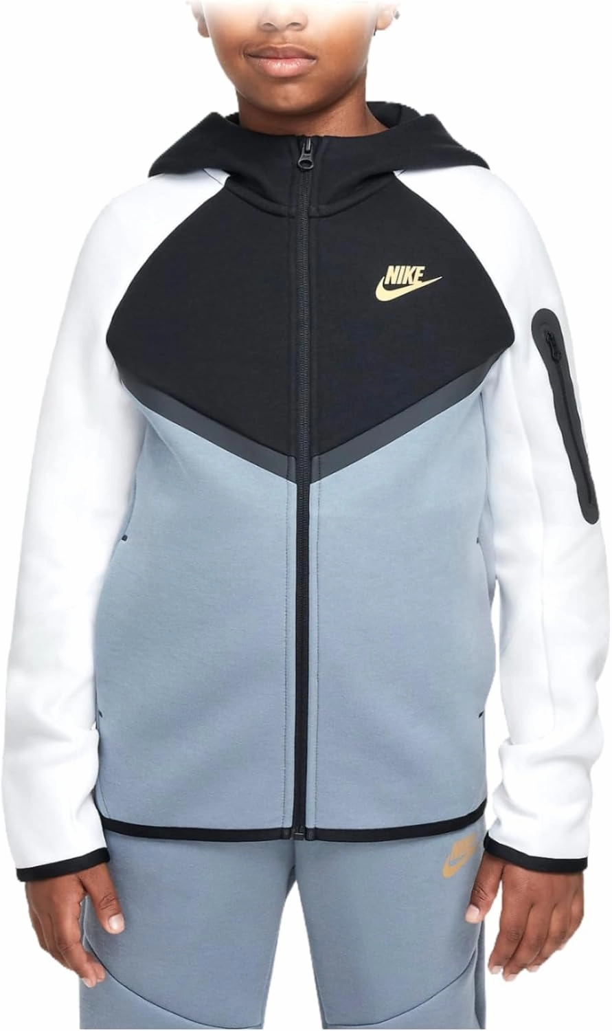 Nike Sportswear Tech Fleece Big Kids' Full-Zip Hoodie (HV5867-065, Cool Grey/Black/White/Metallic Gold)