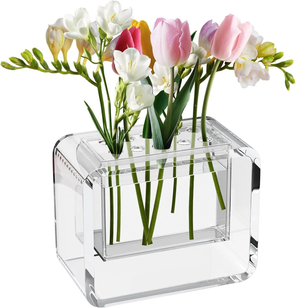 NIUBEE Flower Vase for Centerpiece, Acrylic Unique Clear Modern Vase with Stem Holder 2-in-1 for Dining Table Home Party Wedding, 4.72 Inch