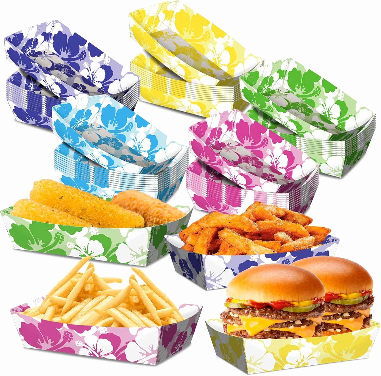 No Folding Required 50 Pack 3Lb Hibiscus Party Paper Food Trays Disposable Luau Party Food Boats Hawaiian Themed Decorations Hawaiian Tray for Hibiscus Tropical Theme Supplies