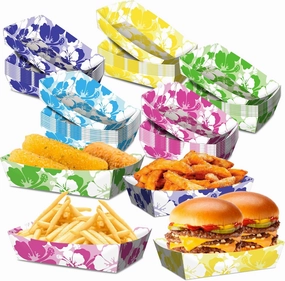No Folding Required 50 Pack 3Lb Hibiscus Party Paper Food Trays Disposable Luau Party Food Boats Hawaiian Themed Decorations Hawaiian Tray for Hibiscus Tropical Theme Supplies