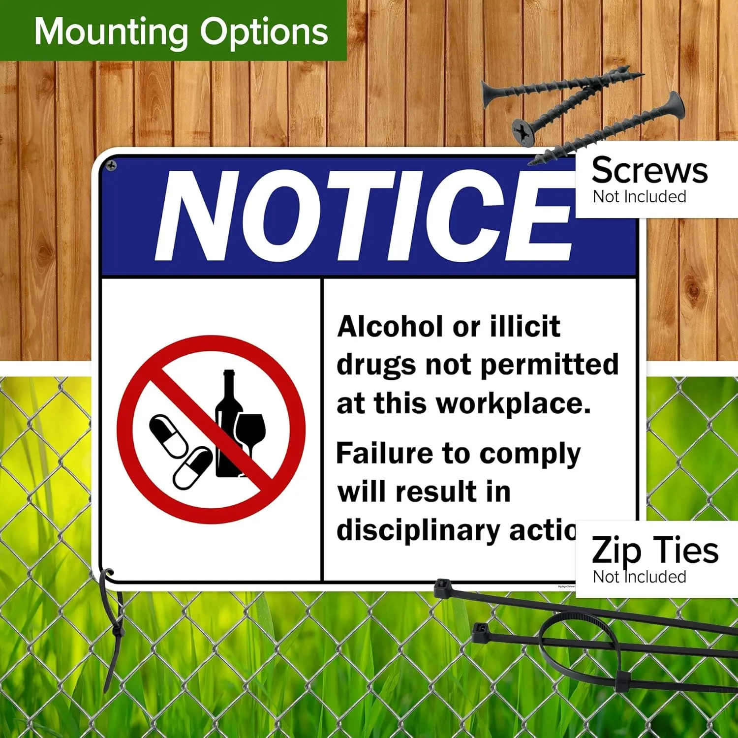 Notice Alcohol Or Illicit Drugs Not Permitted At This Workplace Failure To Comply Sign, 24x30 Inches, 55 mil thick HDPS (high density polystyrene), Made in USA by My Sign Center