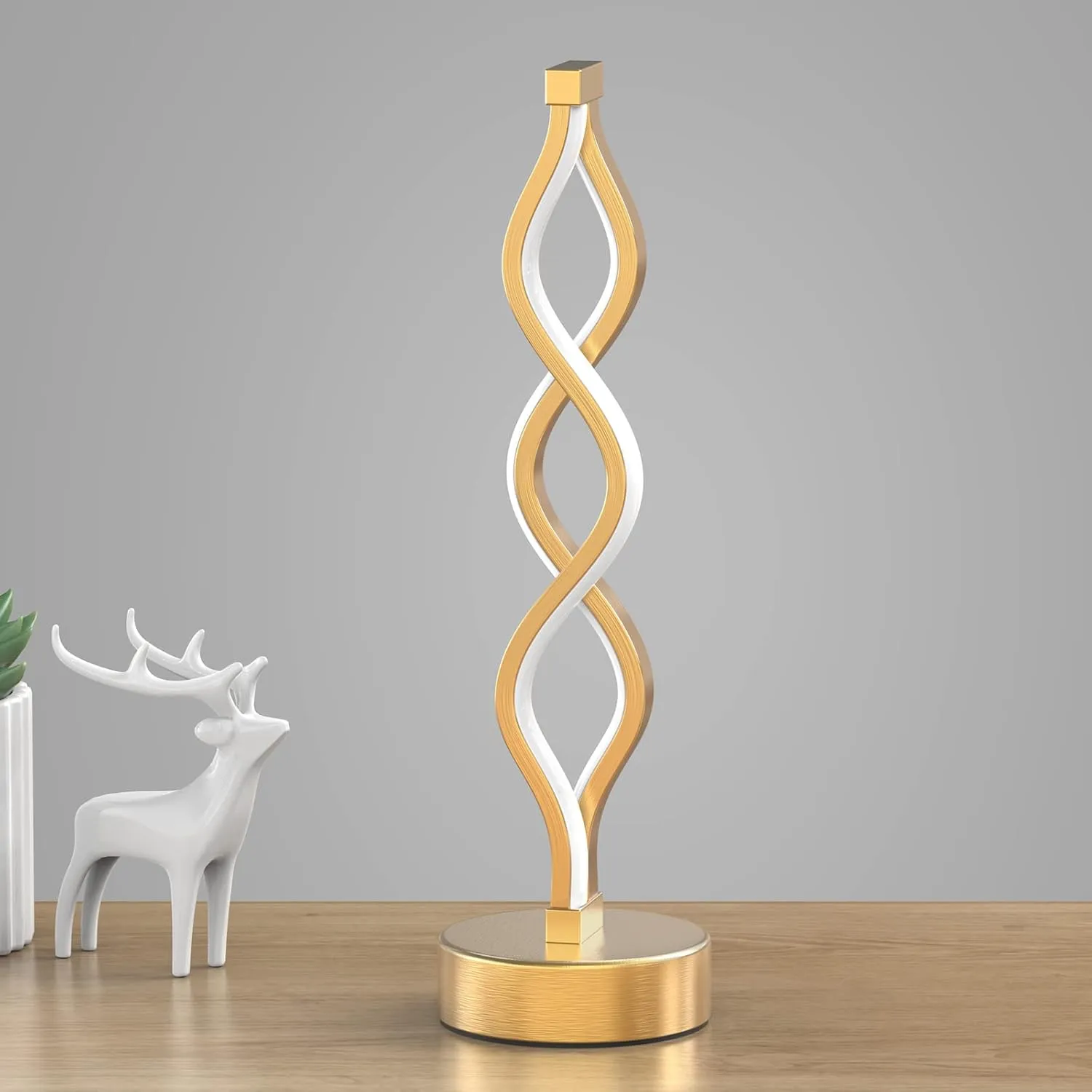 NUÜR Gold Infinity Spiral LED Table Lamp, Lamps for Bedrooms Dimmable Metallic Bedside Lamp with Touch Controller, 3 Colour Temperature, 15.8 Inch Height for Living Room