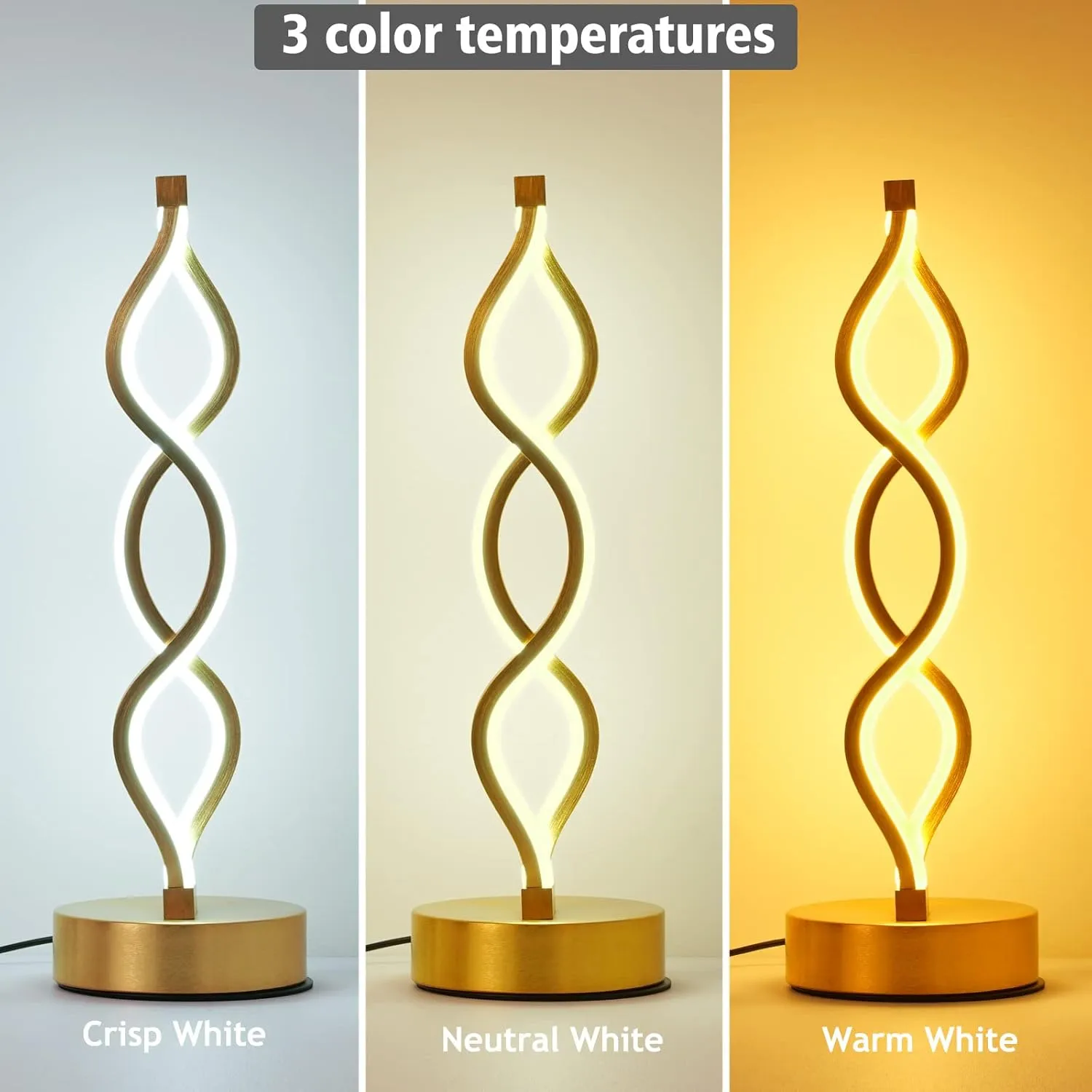 NUÜR Gold Infinity Spiral LED Table Lamp, Lamps for Bedrooms Dimmable Metallic Bedside Lamp with Touch Controller, 3 Colour Temperature, 15.8 Inch Height for Living Room