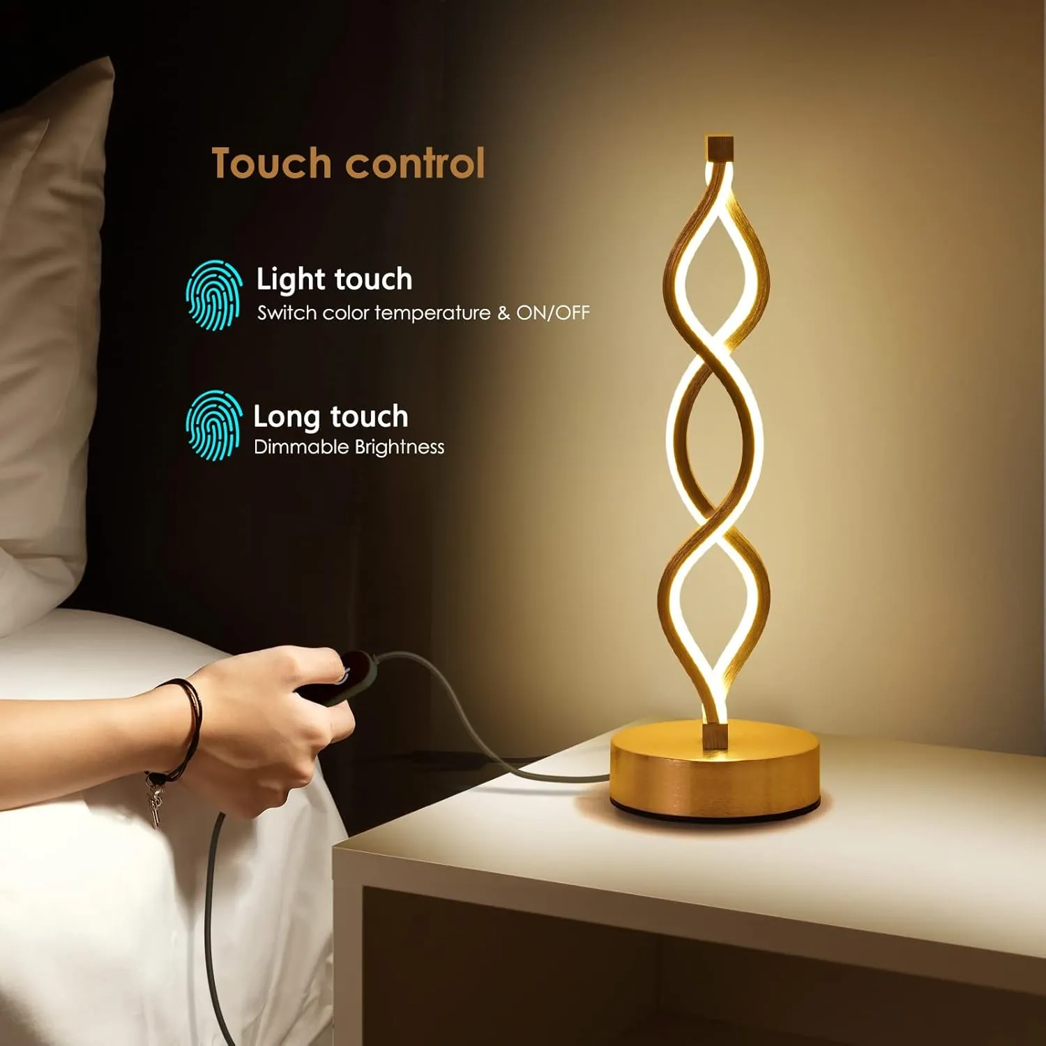 NUÜR Gold Infinity Spiral LED Table Lamp, Lamps for Bedrooms Dimmable Metallic Bedside Lamp with Touch Controller, 3 Colour Temperature, 15.8 Inch Height for Living Room