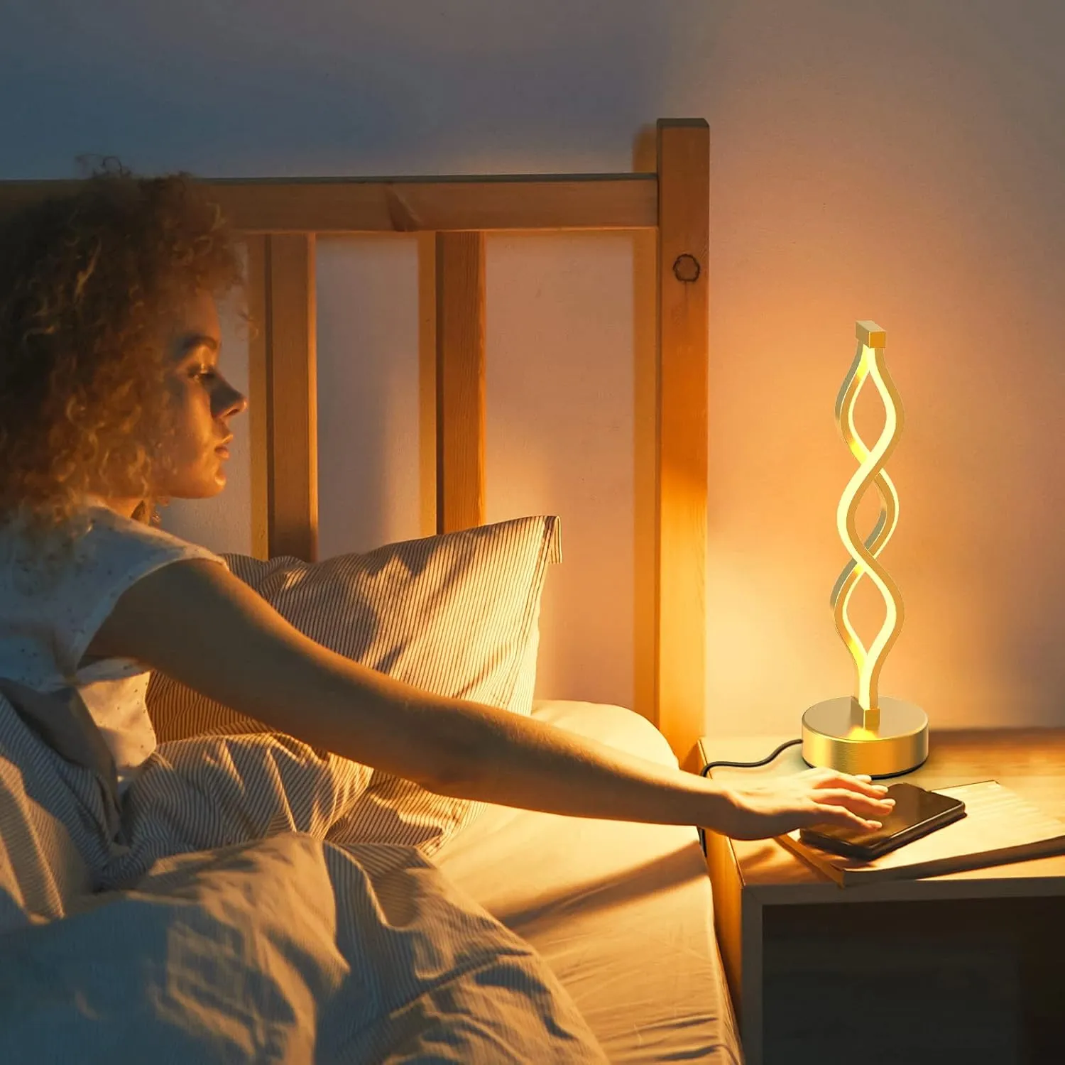 NUÜR Gold Infinity Spiral LED Table Lamp, Lamps for Bedrooms Dimmable Metallic Bedside Lamp with Touch Controller, 3 Colour Temperature, 15.8 Inch Height for Living Room