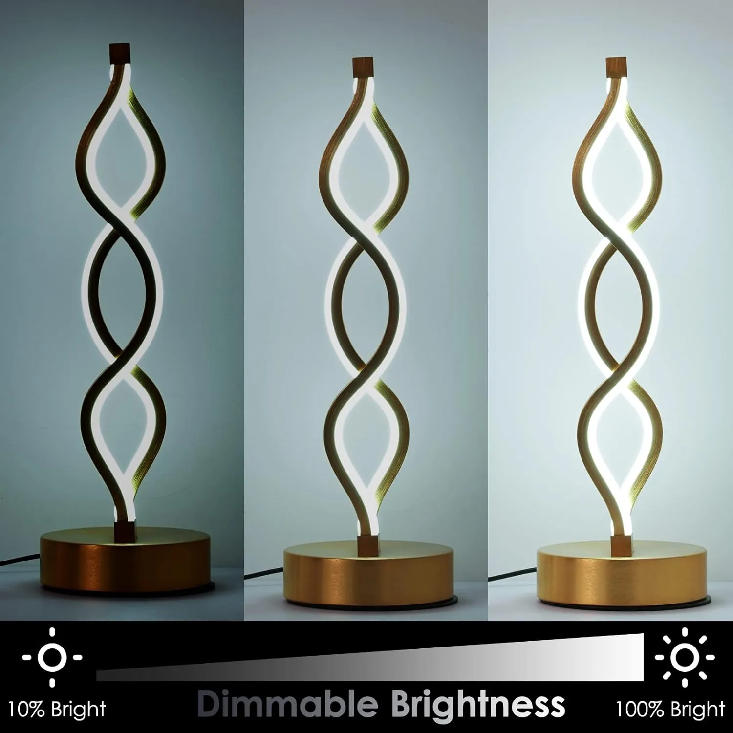 NUÜR Gold Infinity Spiral LED Table Lamp, Lamps for Bedrooms Dimmable Metallic Bedside Lamp with Touch Controller, 3 Colour Temperature, 15.8 Inch Height for Living Room