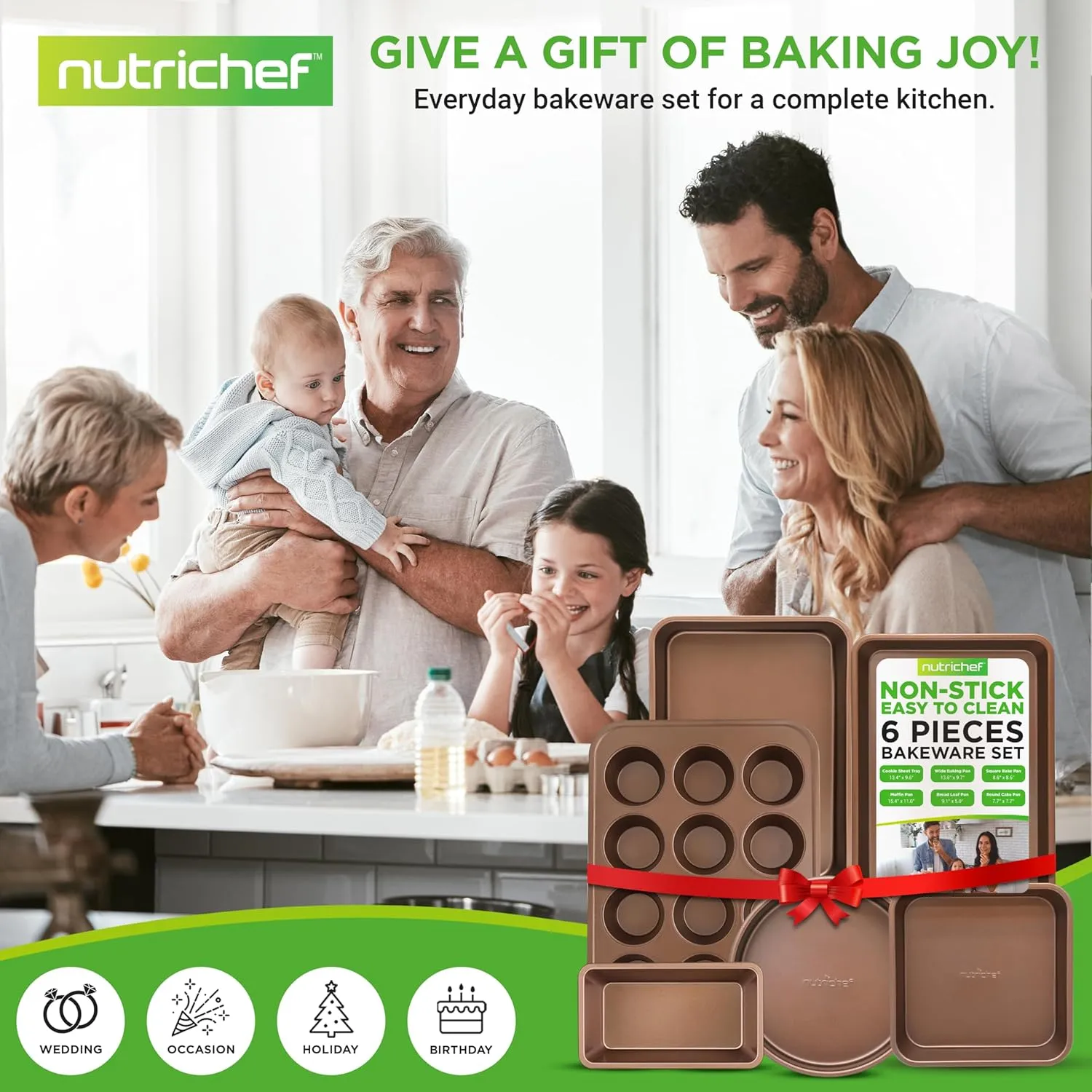 NutriChef 6-Piece Nonstick Bakeware Set, Carbon Steel Baking Pans, Includes Cookie Trays, Wide & Square Bake Pan, Bread Loaf & Round Cake Pan, Muffin Pan - Gold