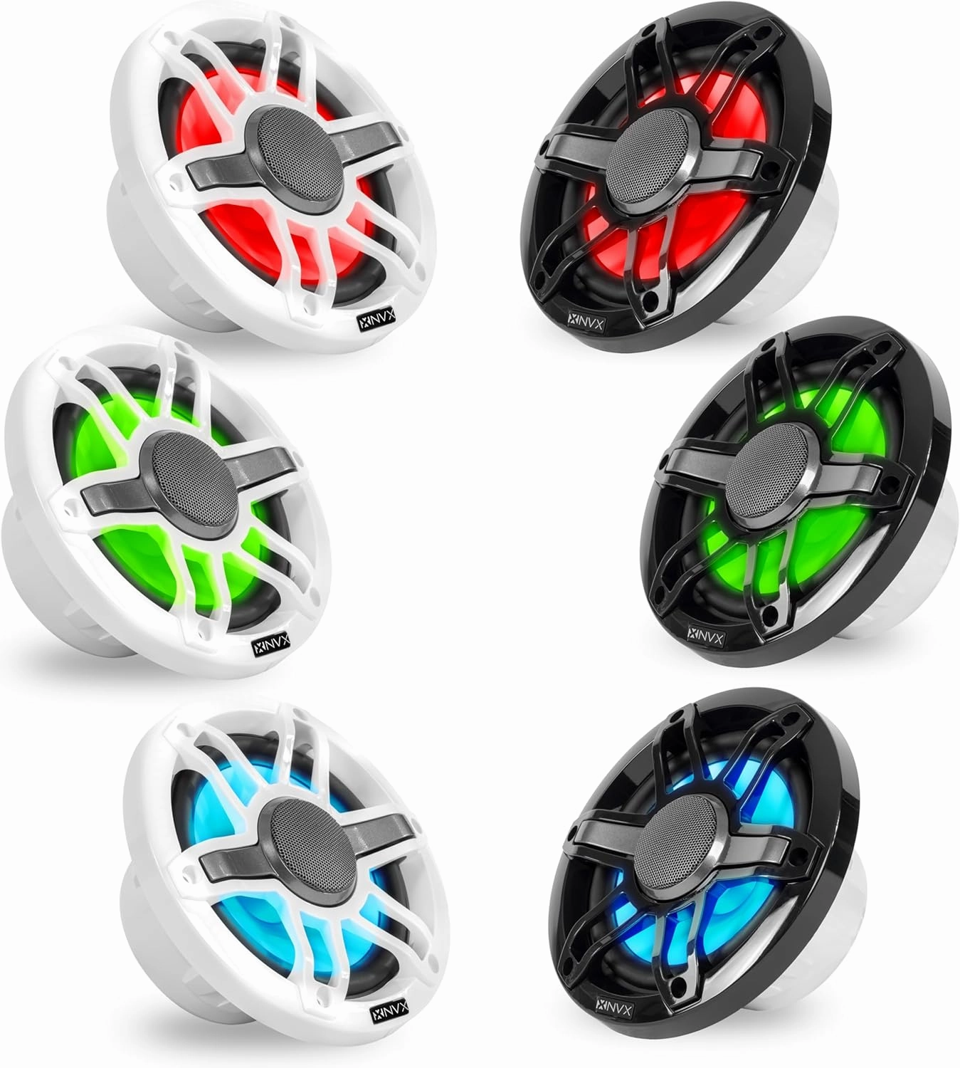 NVX® MVSP65 Premium 6.5” 2-Way Marine Coaxial Speakers, 600W Max, 200W RMS, 1” Silk Dome Tweeters, with RGB LED Lighting for Boats/UTV/ATV/SxS/Powersports (White and Black Grilles Included)