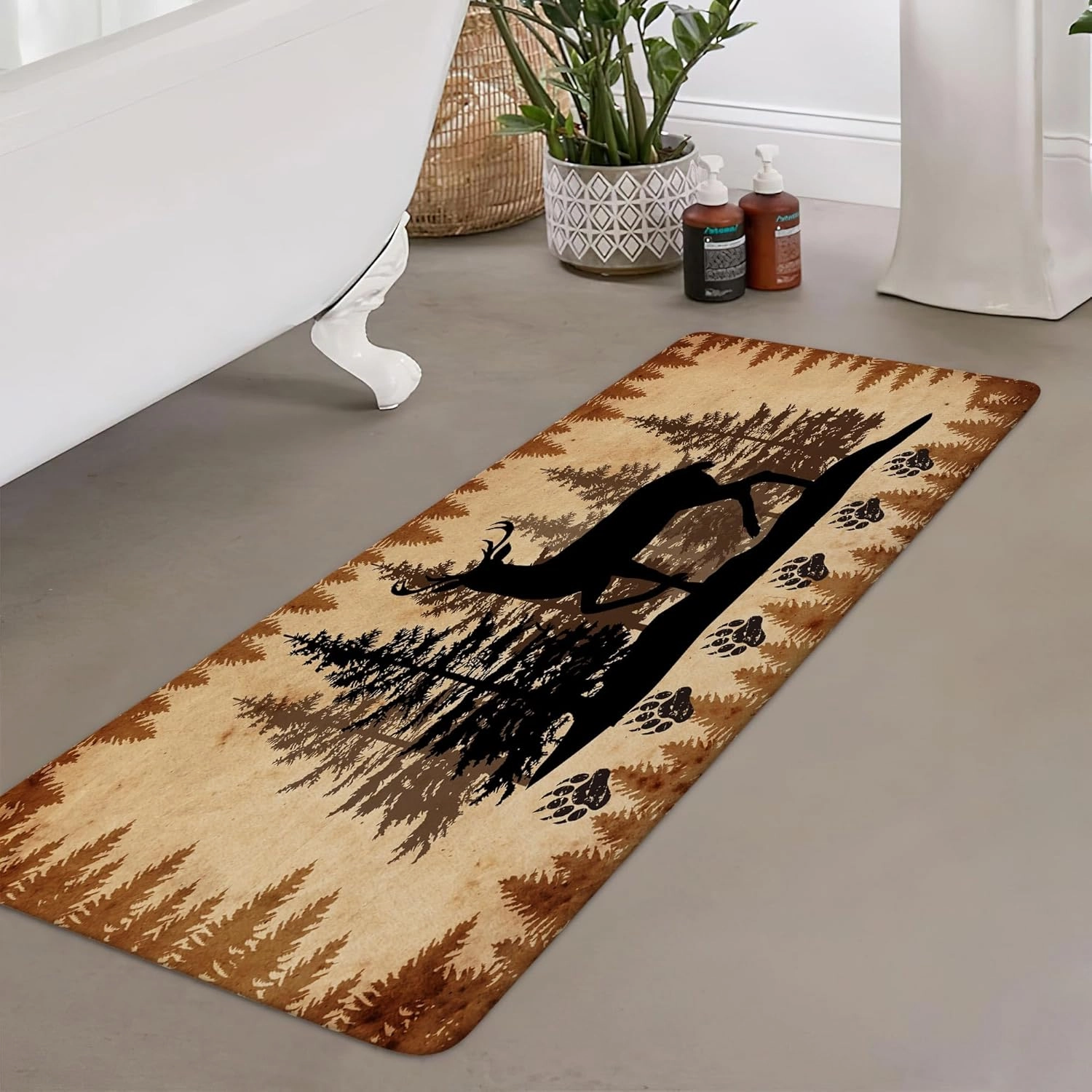 NYMB Rutic Cabin Bathroom Rugs, Hunting Camping Animal Black Deer Design Bath Mat, Non Slip Bath Mat Forest Trees Lodge Farmhouse Mat Rugs for Living Room Area Rugs, 17X48in