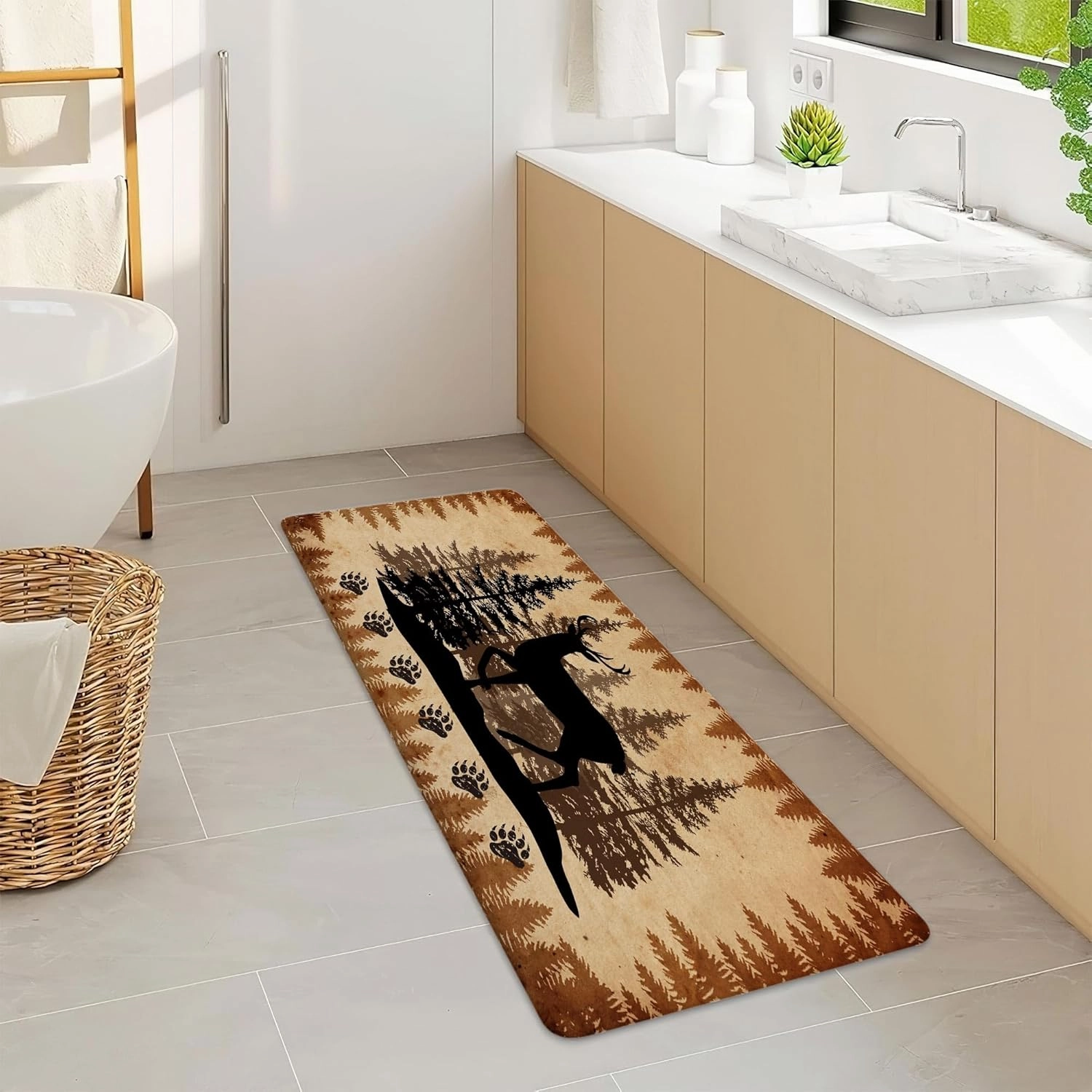 NYMB Rutic Cabin Bathroom Rugs, Hunting Camping Animal Black Deer Design Bath Mat, Non Slip Bath Mat Forest Trees Lodge Farmhouse Mat Rugs for Living Room Area Rugs, 17X48in