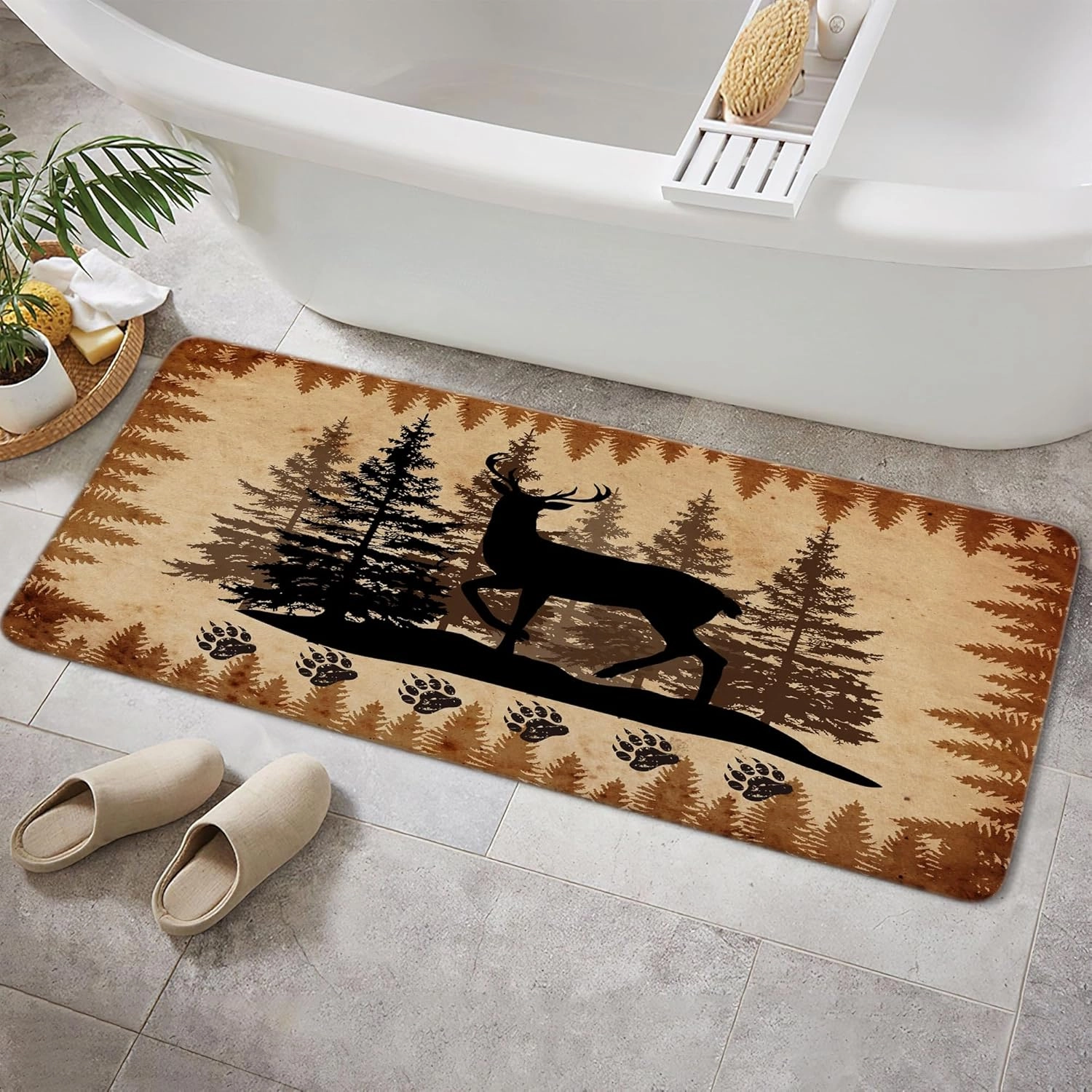 NYMB Rutic Cabin Bathroom Rugs, Hunting Camping Animal Black Deer Design Bath Mat, Non Slip Bath Mat Forest Trees Lodge Farmhouse Mat Rugs for Living Room Area Rugs, 17X48in