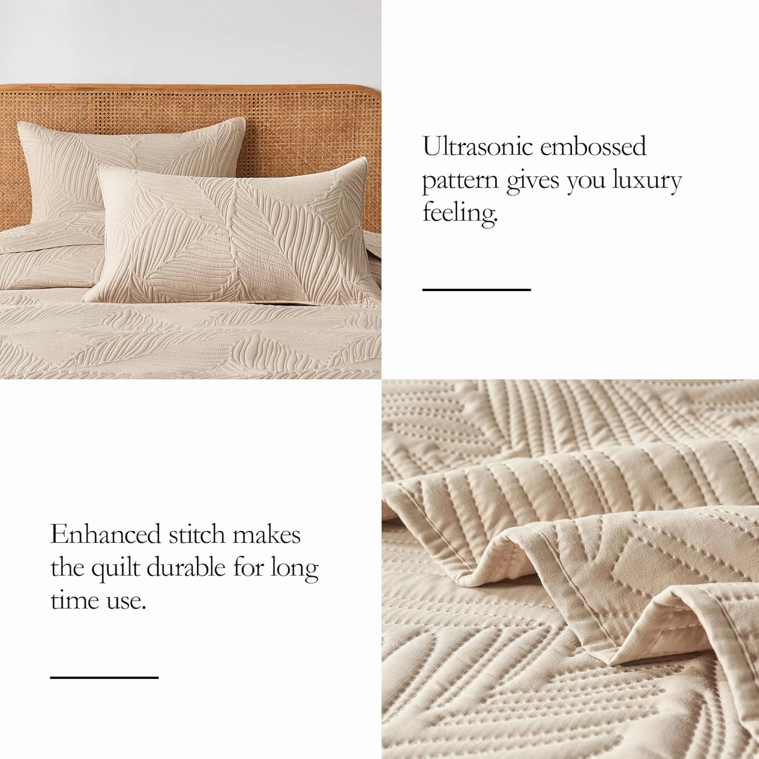 OARAGE Twin Quilt Bedding Set Soft Lightweight Beige Bedspread with Leaf Pattern Ultrasonic Microfiber Bed Coverlet for All Season (1 Quilt,1 Sham)
