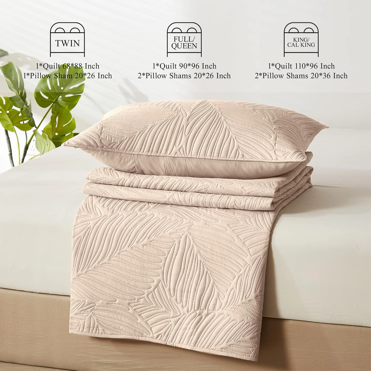 OARAGE Twin Quilt Bedding Set Soft Lightweight Beige Bedspread with Leaf Pattern Ultrasonic Microfiber Bed Coverlet for All Season (1 Quilt,1 Sham)