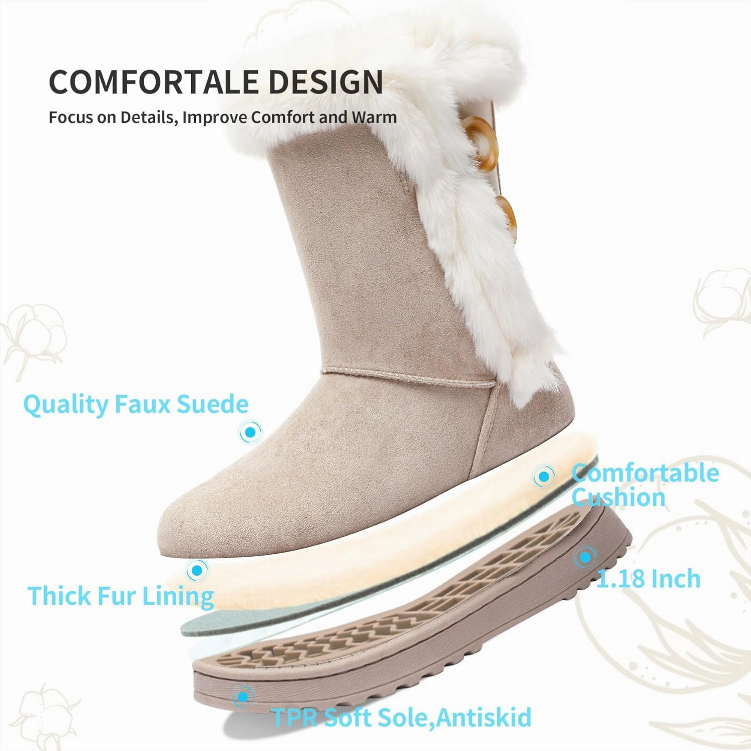 Obtaom Women’s winter snow boots Short Mid Calf fashion boot Art Resin button Faux Suede boots for women