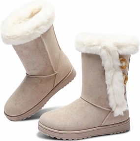 Obtaom Women’s winter snow boots Short Mid Calf fashion boot Art Resin button Faux Suede boots for women
