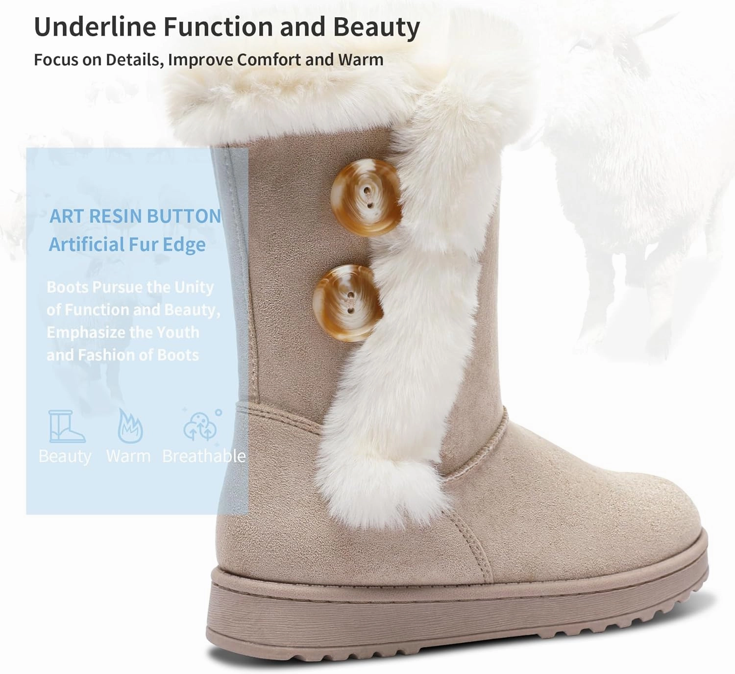 Obtaom Women’s winter snow boots Short Mid Calf fashion boot Art Resin button Faux Suede boots for women