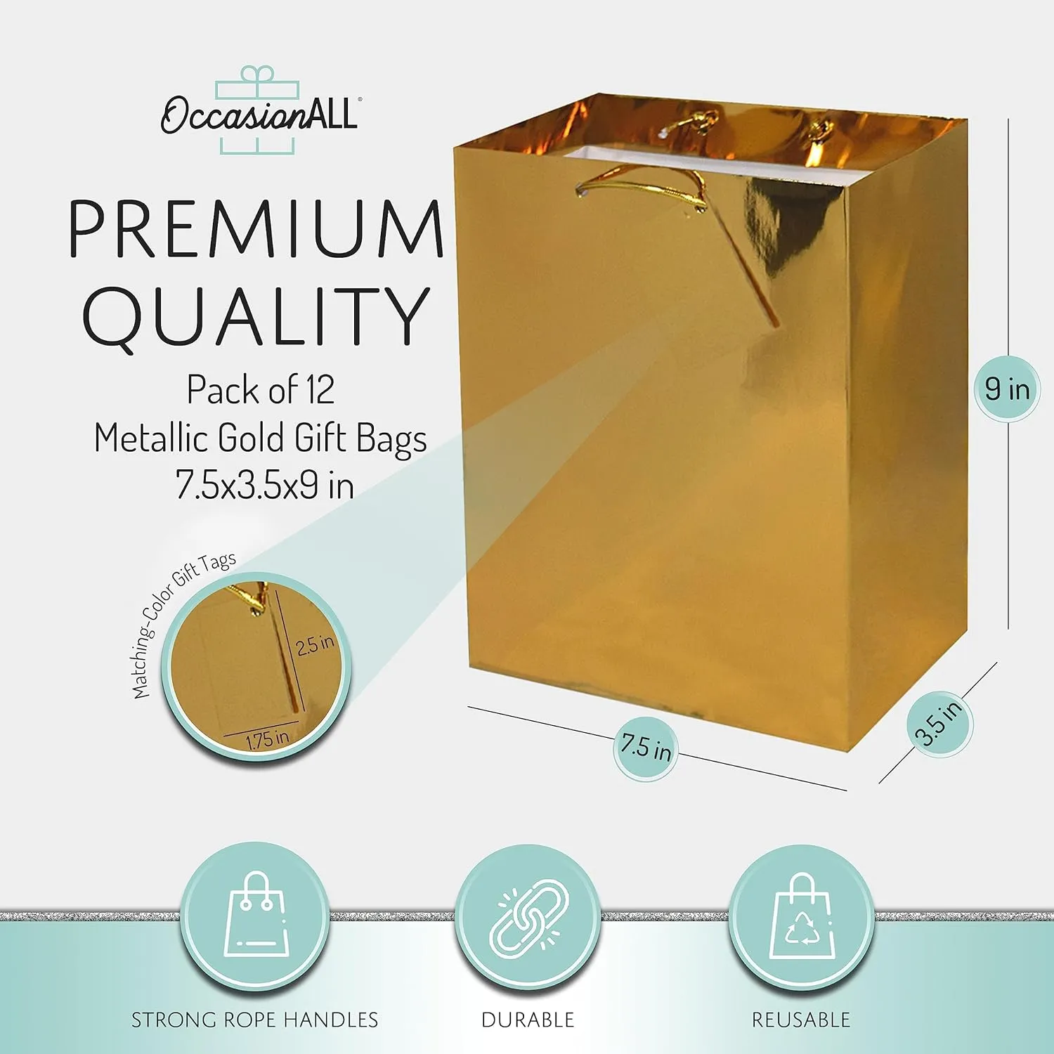 OccasionALL Medium Gift Bags with Handles, Gold Metallic Christmas Wrap, Holidays, Birthdays, Valentines, Parties, Shopping, Bulk, 7.5x3.5x9 12 Pack