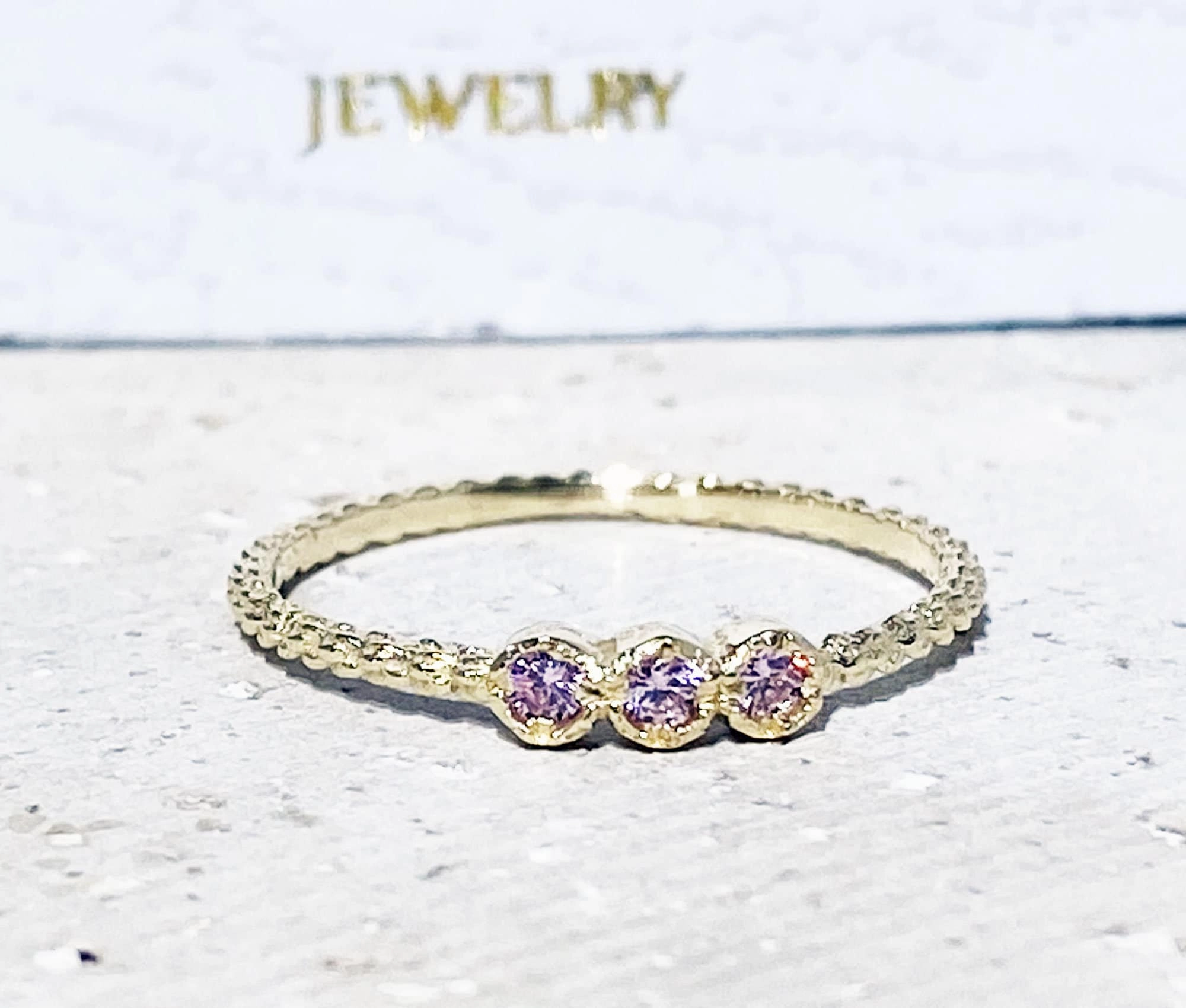 October Birthstone Round Rose Quartz Three-Stone Delicate Stacking Bezel Ring