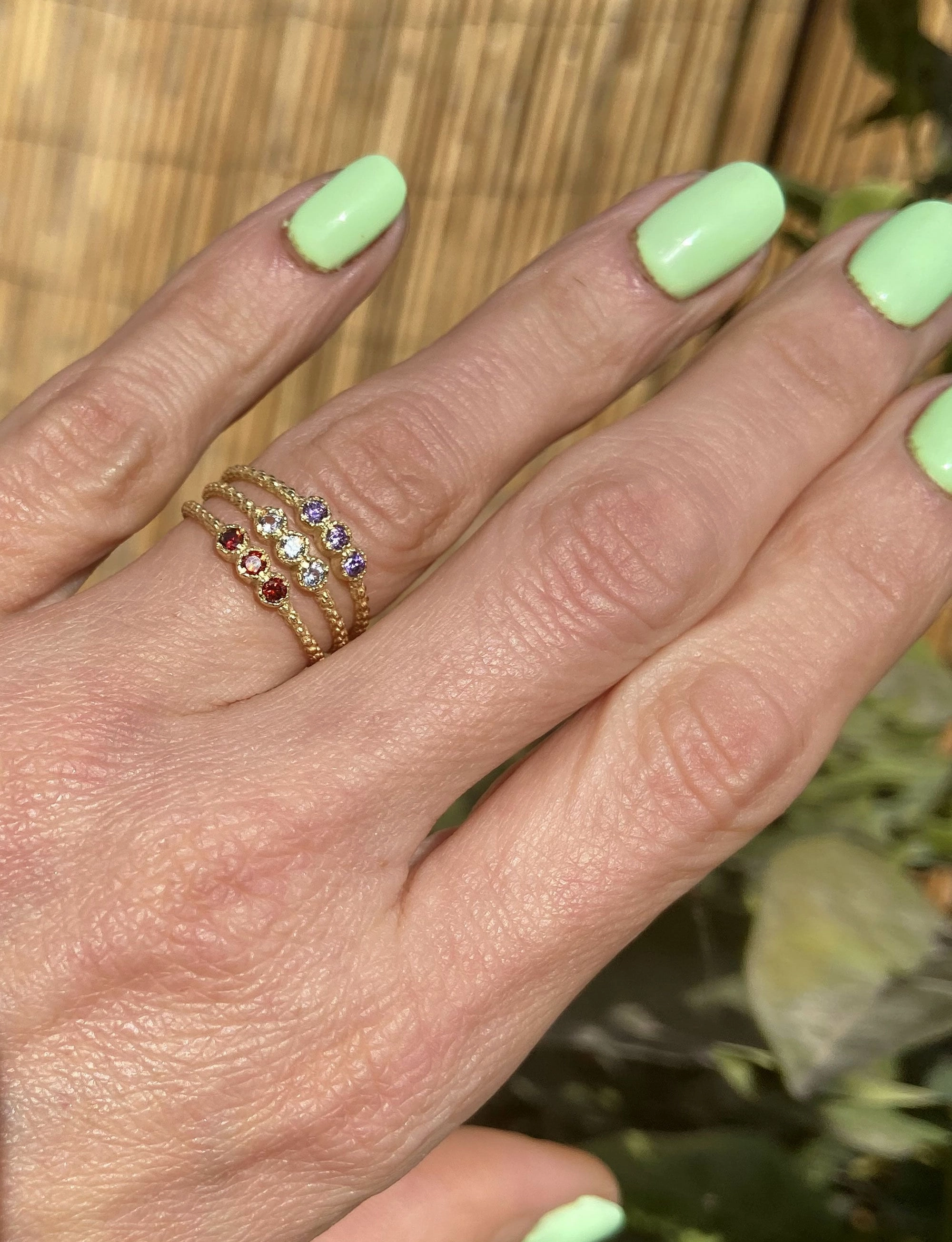 October Birthstone Round Rose Quartz Three-Stone Delicate Stacking Bezel Ring