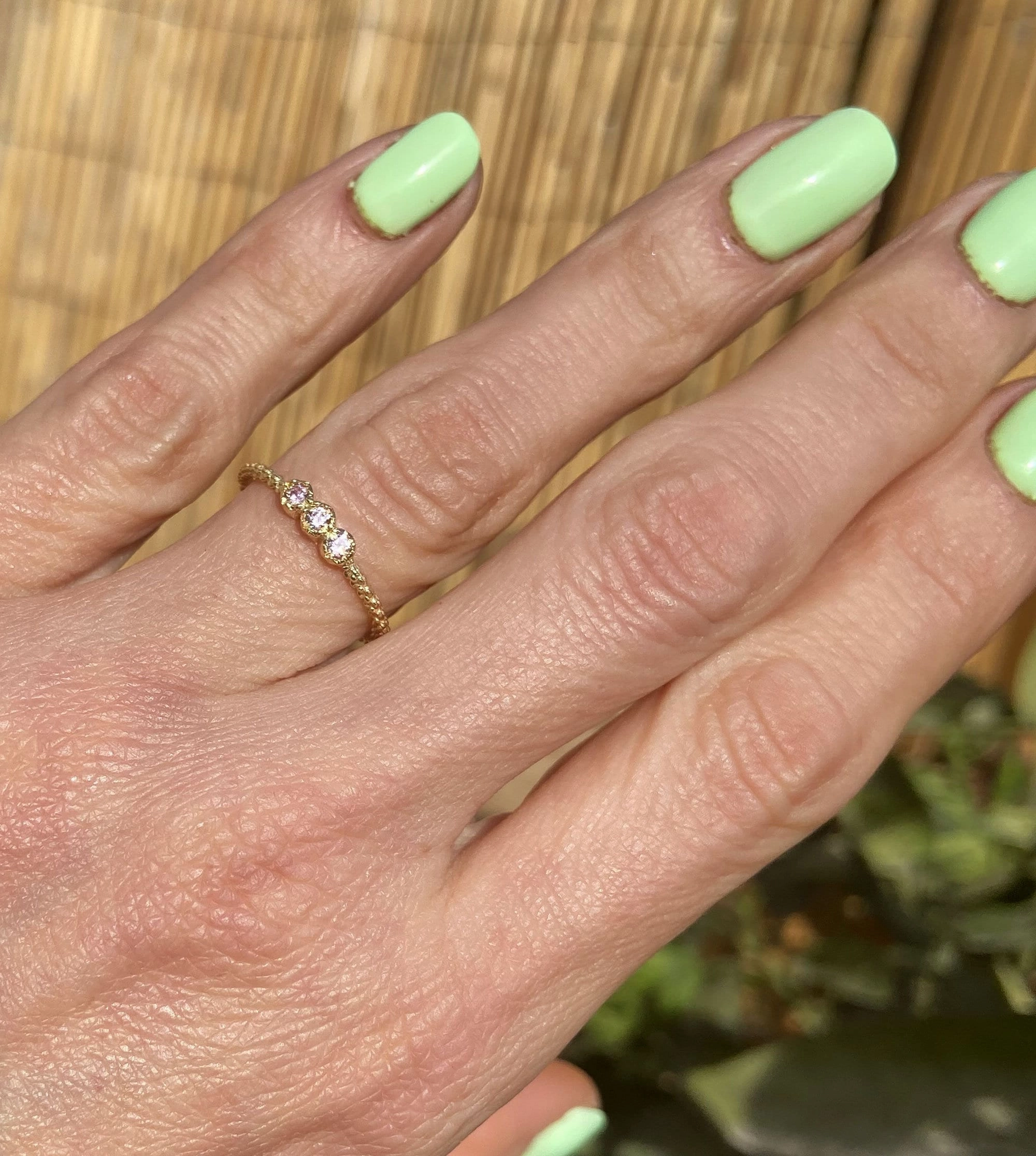 October Birthstone Round Rose Quartz Three-Stone Delicate Stacking Bezel Ring